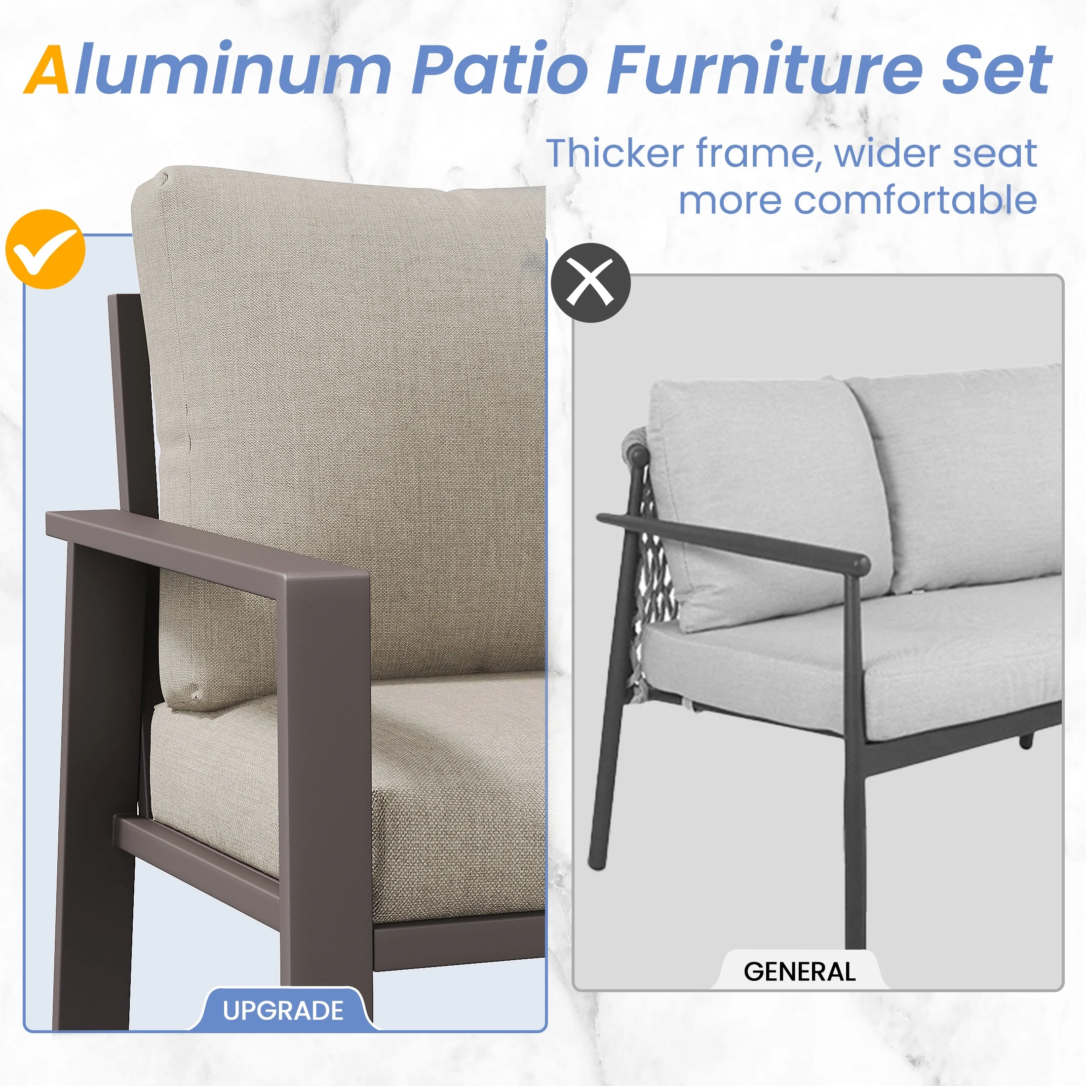 POTEBAN Aluminum Patio Furniture Set, Modern Metal Outdoor Sectional Sofa, Patio Conversation Sets with Side Table for Poolside, courtyard,Blue