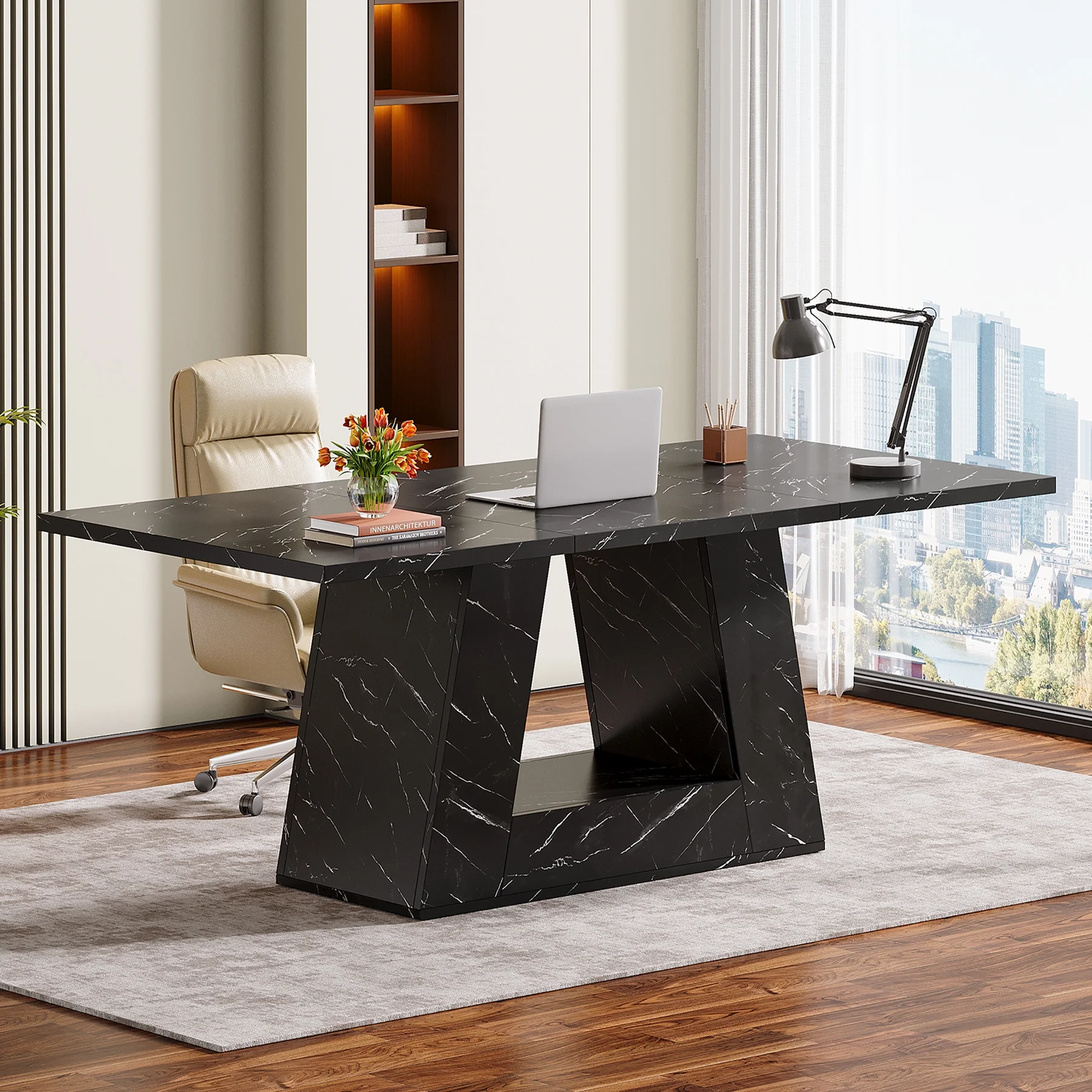 Tribesigns Modern Computer Desk, 63 inch Wooden Faux Marble Study Writing Table with Sturdy Base for Home Office, Black