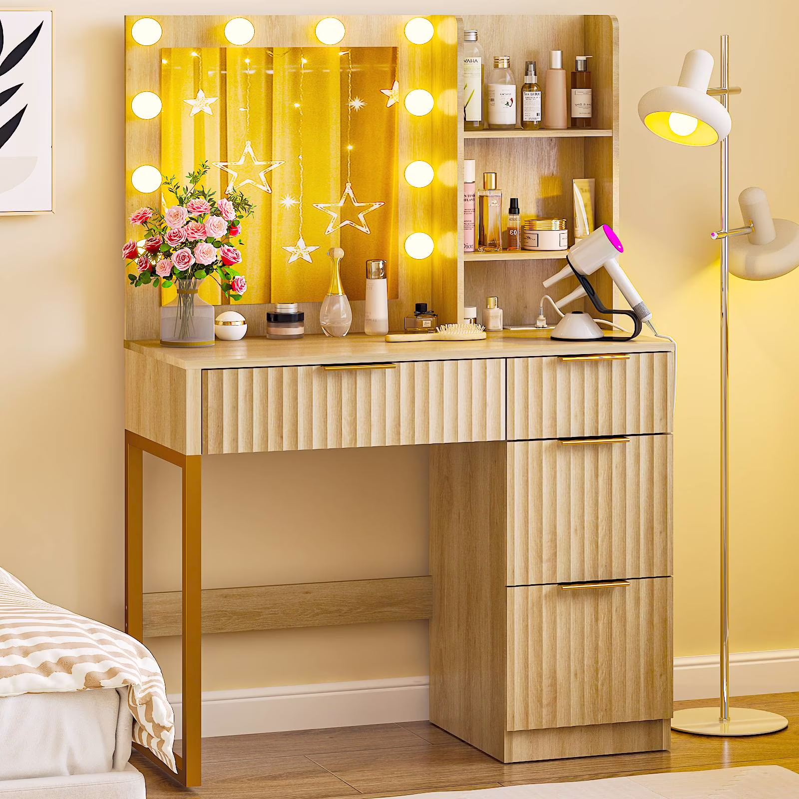 Ktaxon Vanity Set with 3 Color Lighted Mirror, Makeup Table with 3 Storage Shelves & Drawers, Dressing Table Makeup Desk with Stool,White