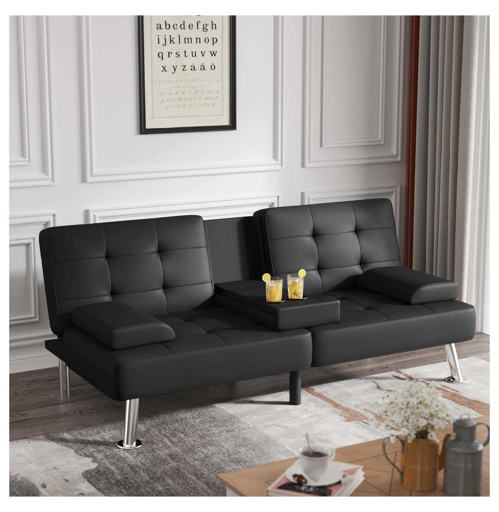Futon Sofa Bed Modern Folding Futon Set Convertible Recliner Lounge for Living Room with 2 Cup Holders, Removable Armrests (PU Leather, Black)
