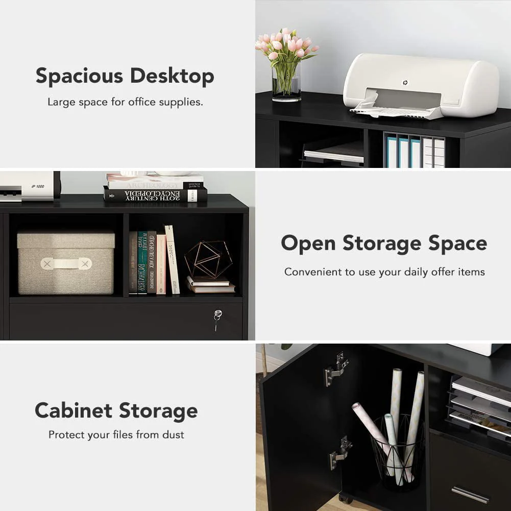 Tribesigns File Cabinet with Lock and Drawer,  Mobile Lateral Filing Cabinet Printer Stand with Wheels and Storage Shelves for Home Office, Letter/Legal/A4 Size(Black)