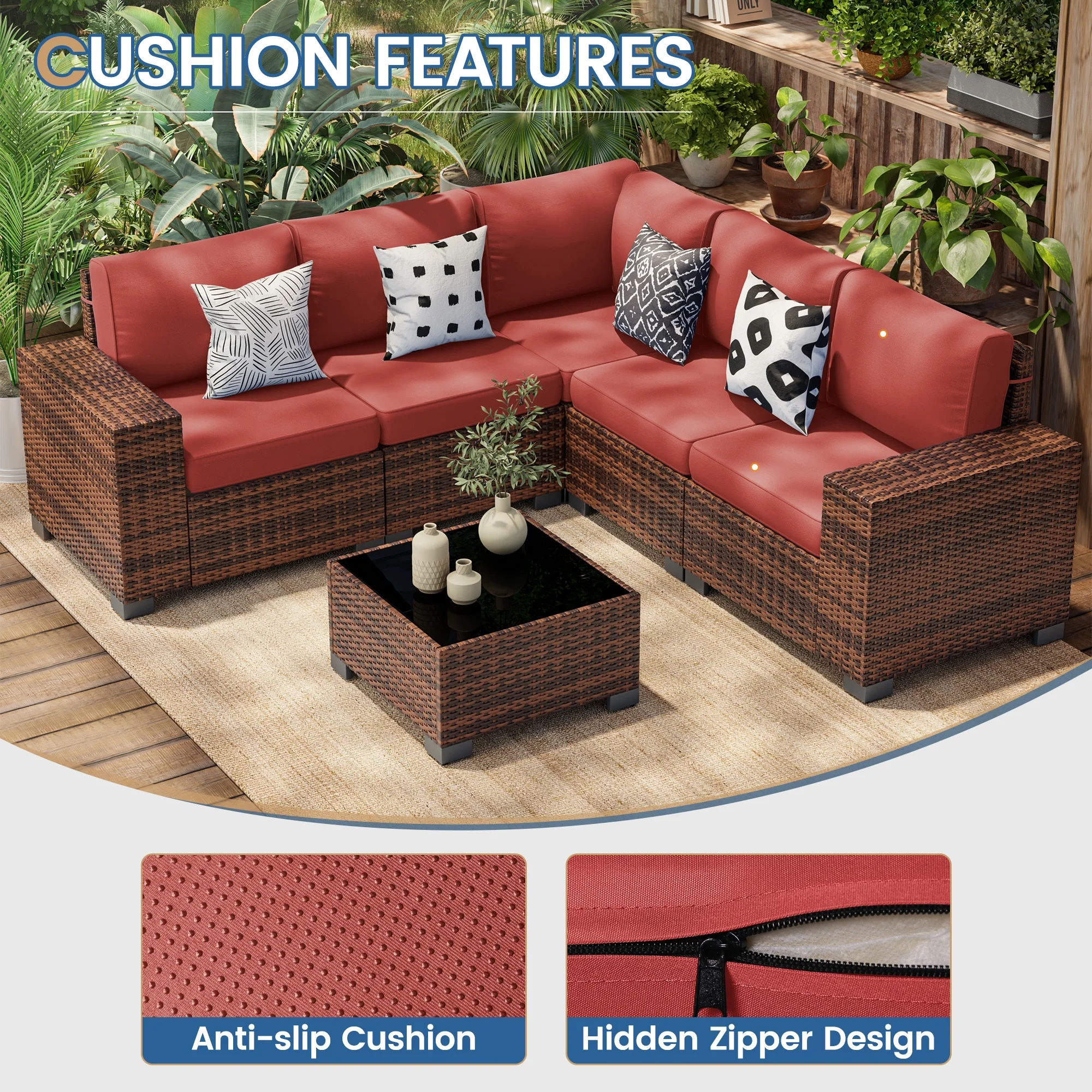 Poteban Patio Furniture Set 6 PCS Outdoor Sectional Conversation Sets Featuring Widen Wicker Armrests and High Back, Black (Waterproof Covers Included)