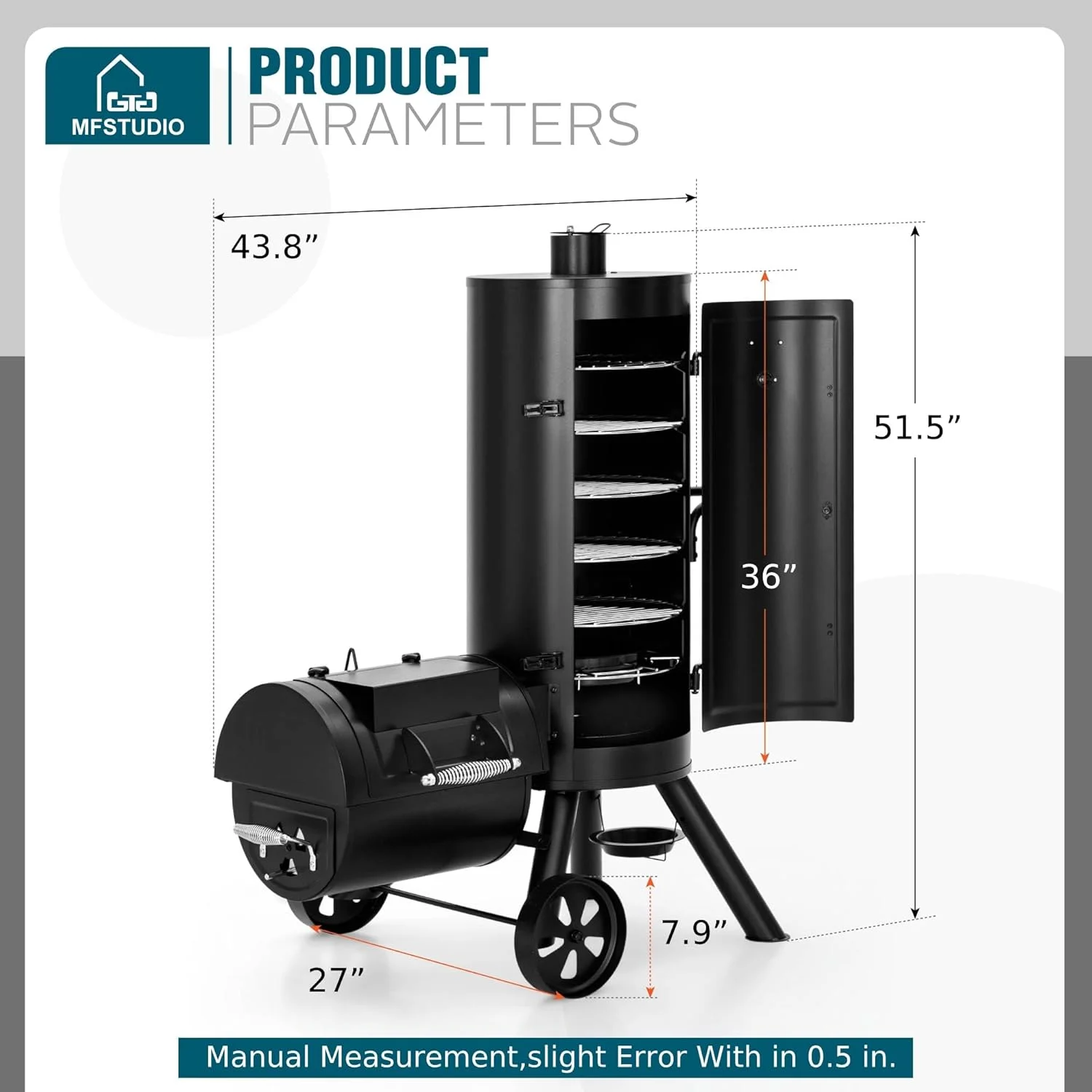 Large BBQ  Grill & Drum Smoker Combo with Hanging Racks and Removable -Plated Grates, 961 SQ.IN. Cooking Area