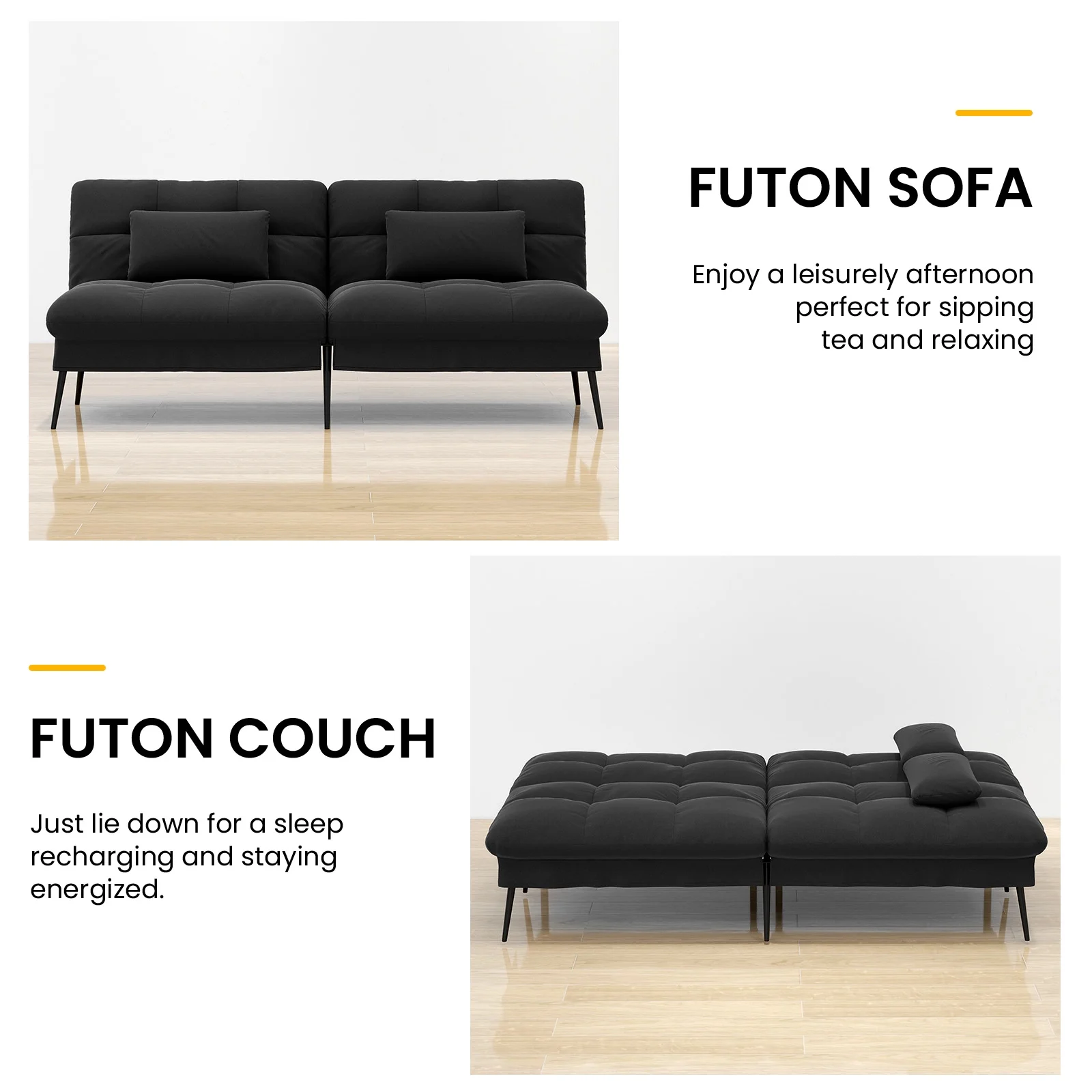 COMHOMA Futon Sofa Bed Modern Fabric Folding Futon Set Adjustable Recliner Sleeper Sofa Bed,Black