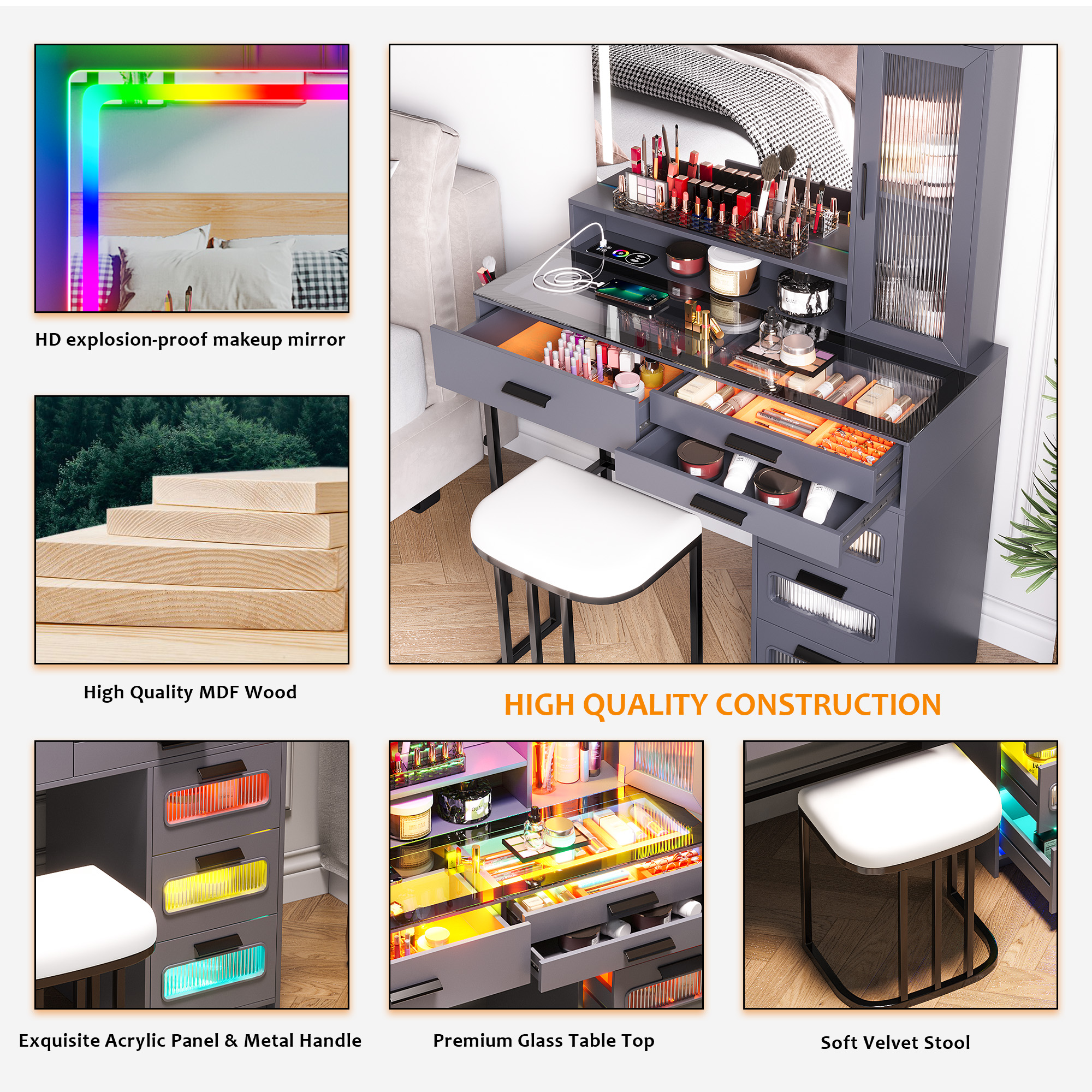 HNEBC Vanity Desk with Mirror and RGB Lights, Glass Top Makeup Vanity with Auto Sensor Lights and Wireless Charging, Vanity Table Set with Cushion Stool, Dressing Table with 6 Drawers (White)