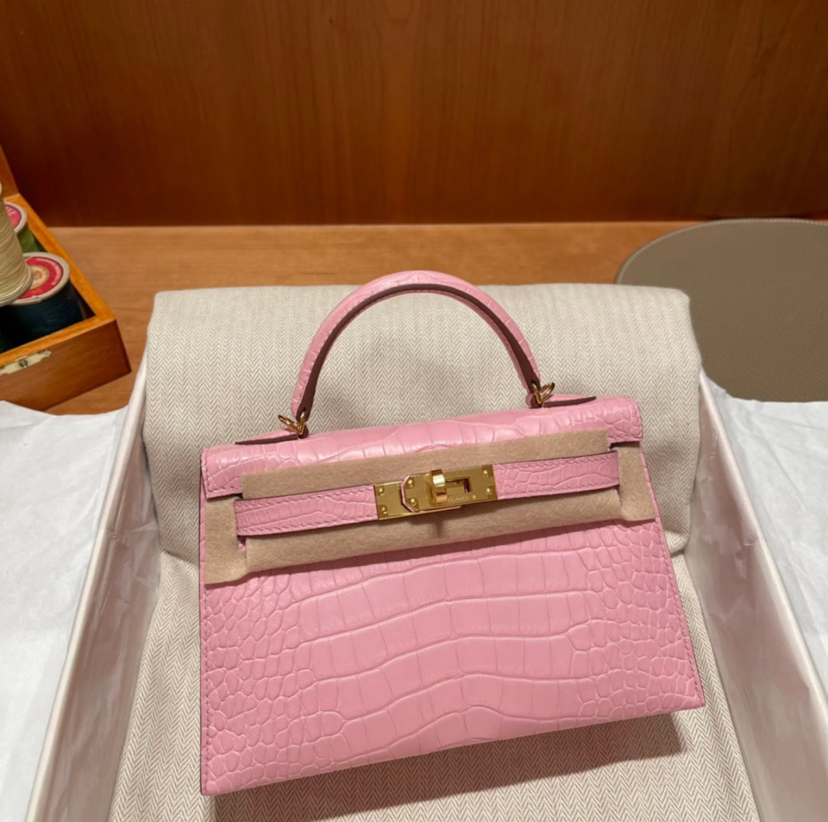 Hermès Kell mini 2 light pink Matte crocodile leather custom