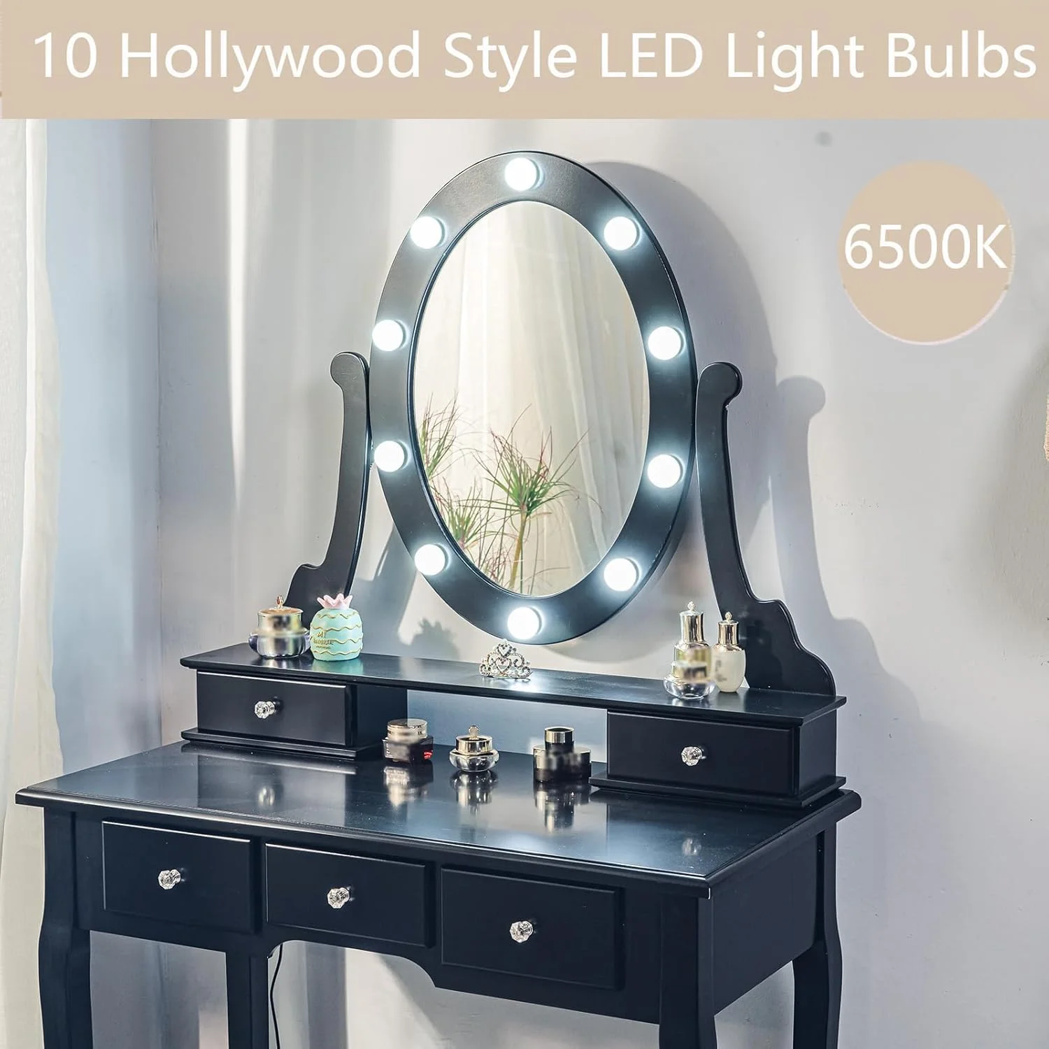TROPOW Vanity Desk,Makeup Vanity,with Mirror and Lights,Vanity Desk with Mirror and Lights, Wood Makeup Dressing Table Stool with & Oval Mirror 3 Colors Lighting Modes Modern,Black
