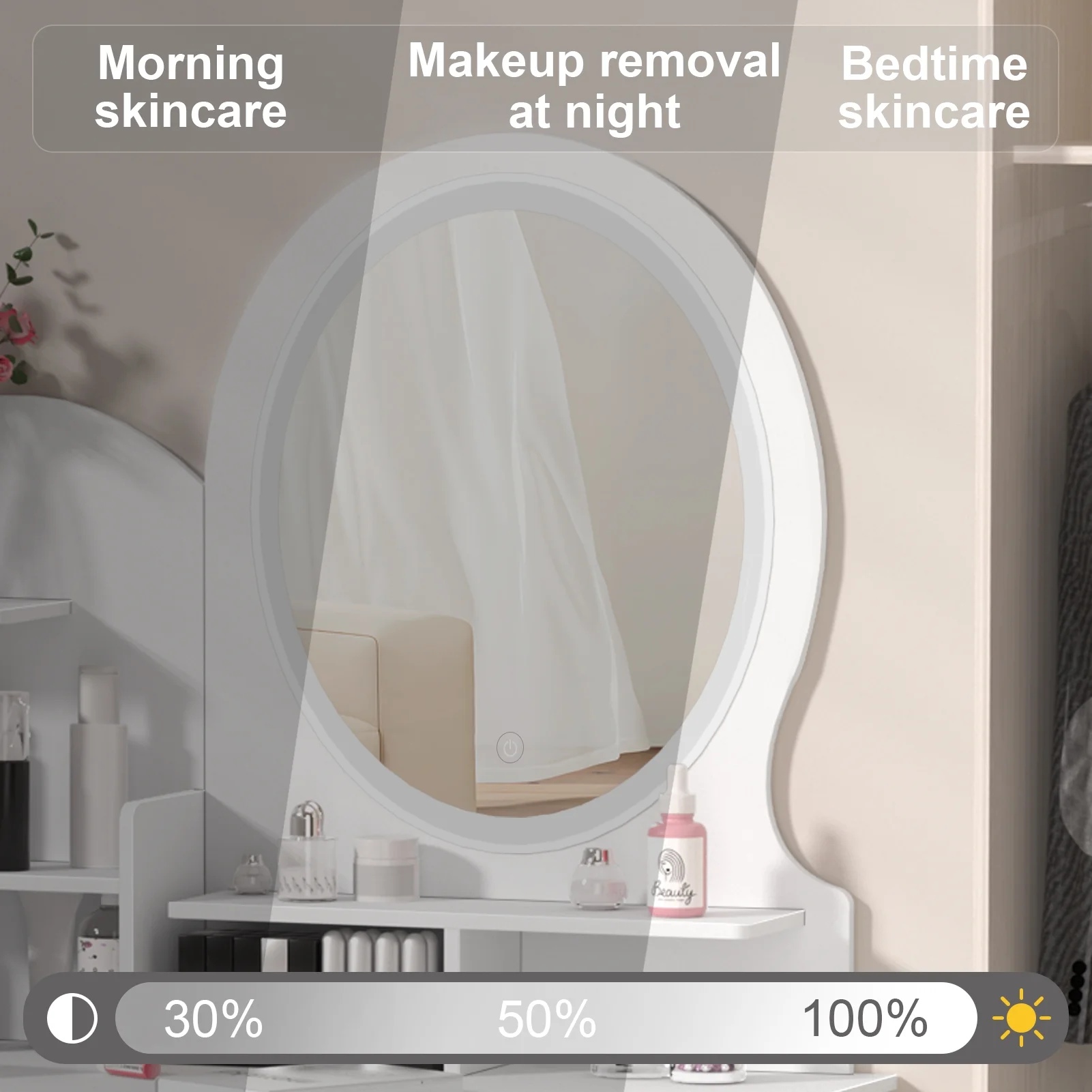 Anvazise Makeup Desk with Mirror, Large Vanity Desk with Storage Shelves, 4 Drawers, Makeup Vanity Table with Light, Bedroom Dressing Table