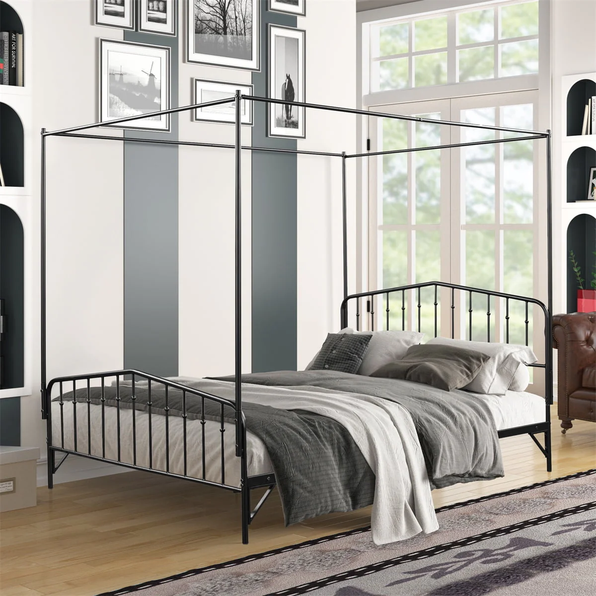 Metal Canopy Platform Bed,Four-Poster Canopy Bed with Headboard and Footboard,Detachable Canopy Platform Bed Frame with Underbed Storage Space,Metal Slats Support,No Noise No Box Spring Needed,Black