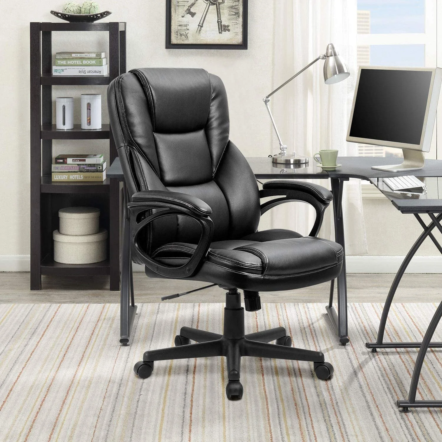 Vineego High Back PU Leather Executive Office Desk Chair Adjustable Business Manager’s Chair Ergonomic swivel Computer Chair with Lumbar Support and Armrest, Black