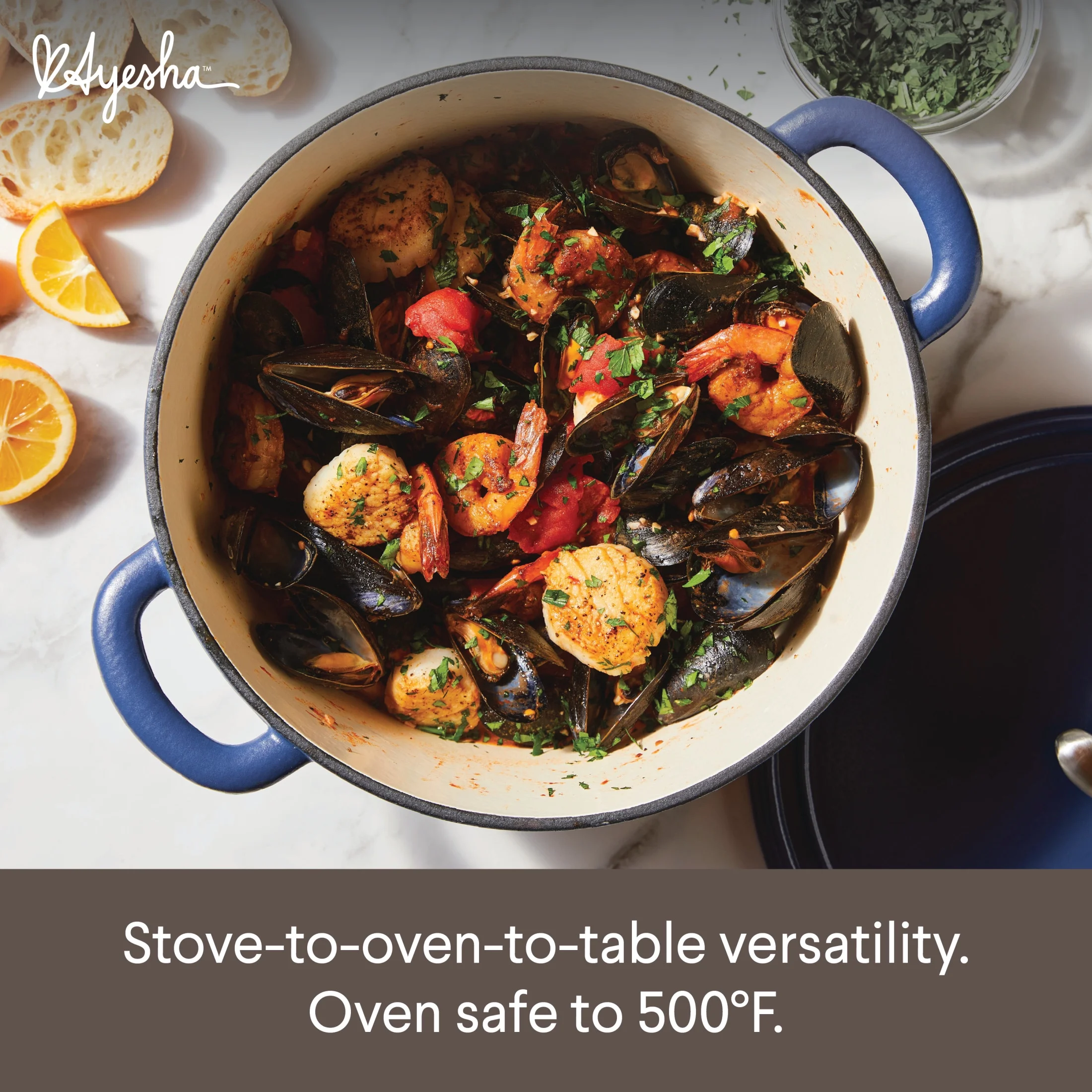 Ayesha Curry Enameled Cast Iron Dutch Oven with Lid, 6 Quart, Anchor Blue