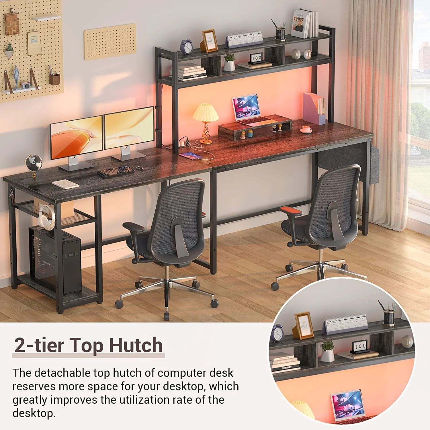 Homieasy L Shaped Desk with Power Outlet & USB Ports, 86.6'' Reversible L-Shaped Gaming Desk with Monitor Stand & LED Strip, 2 Person Corner Computer Desk with Hutch for Home Office, Grey Oak