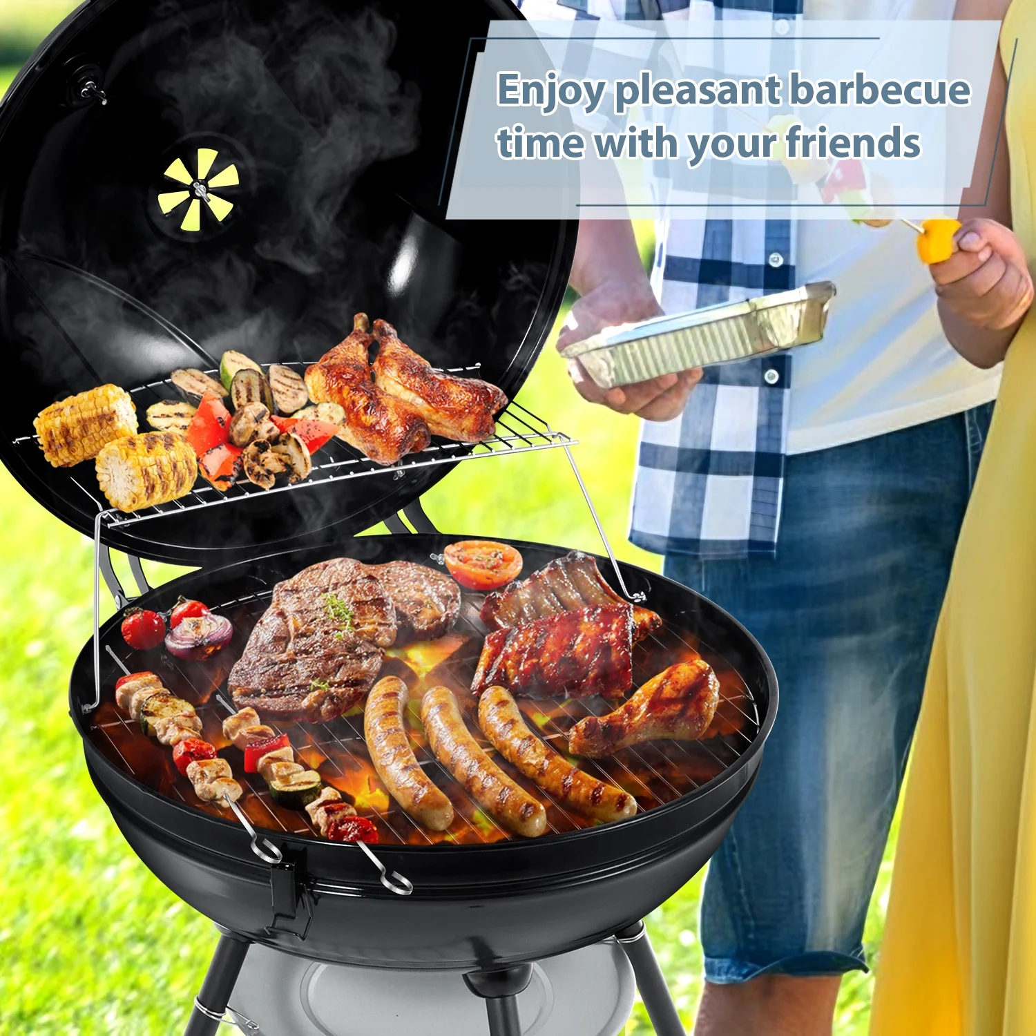 Walchoice 22 inch Charcoal Grill with Wheels & Temperature Gauge, 2 Layer Grilling Racks Heavy Duty Barbecue Grill for Backyard Camping BBQ Cooking, Black Enamel Lid & Bowl