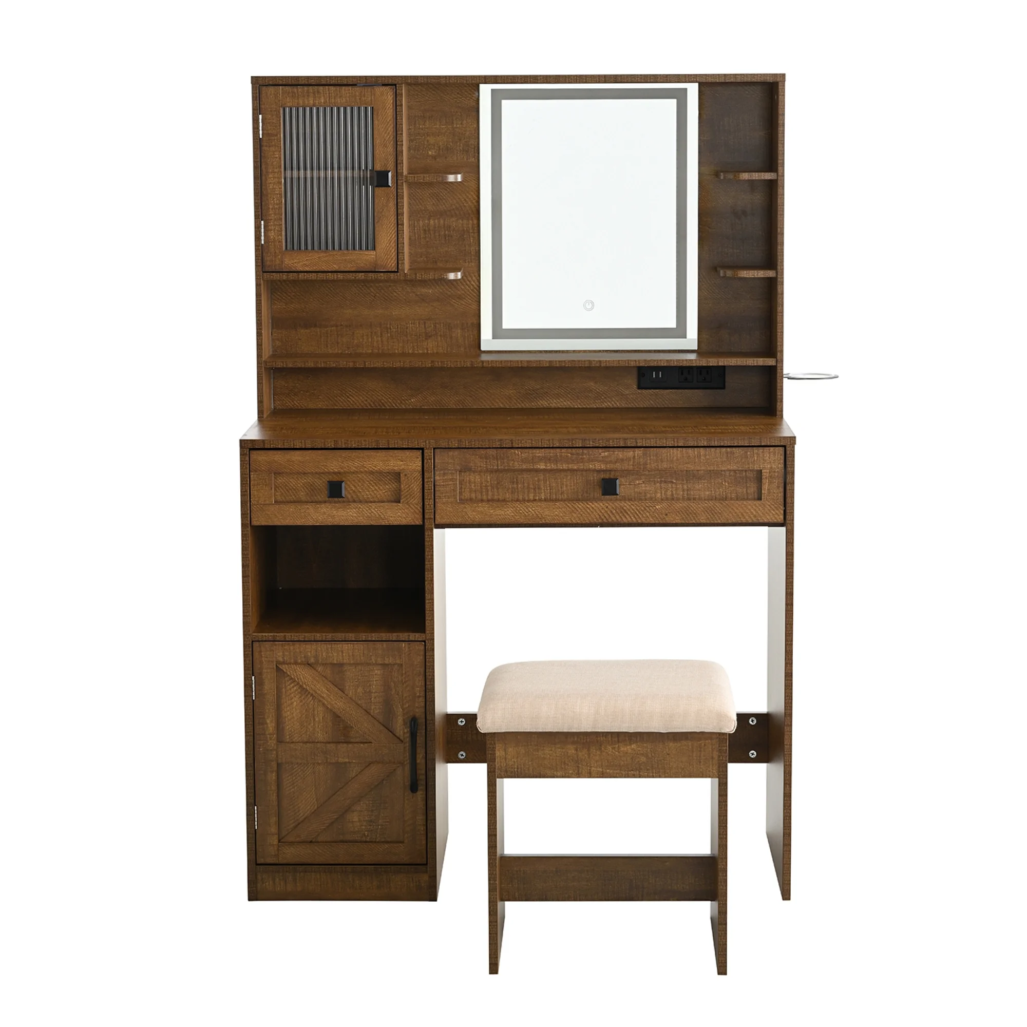 Farmhouse Makeup Vanity Desk with Mirror and Lights,Dressing Table Set with Charging Station and Stool,Drawers,Shelves and Side Cabinet,White