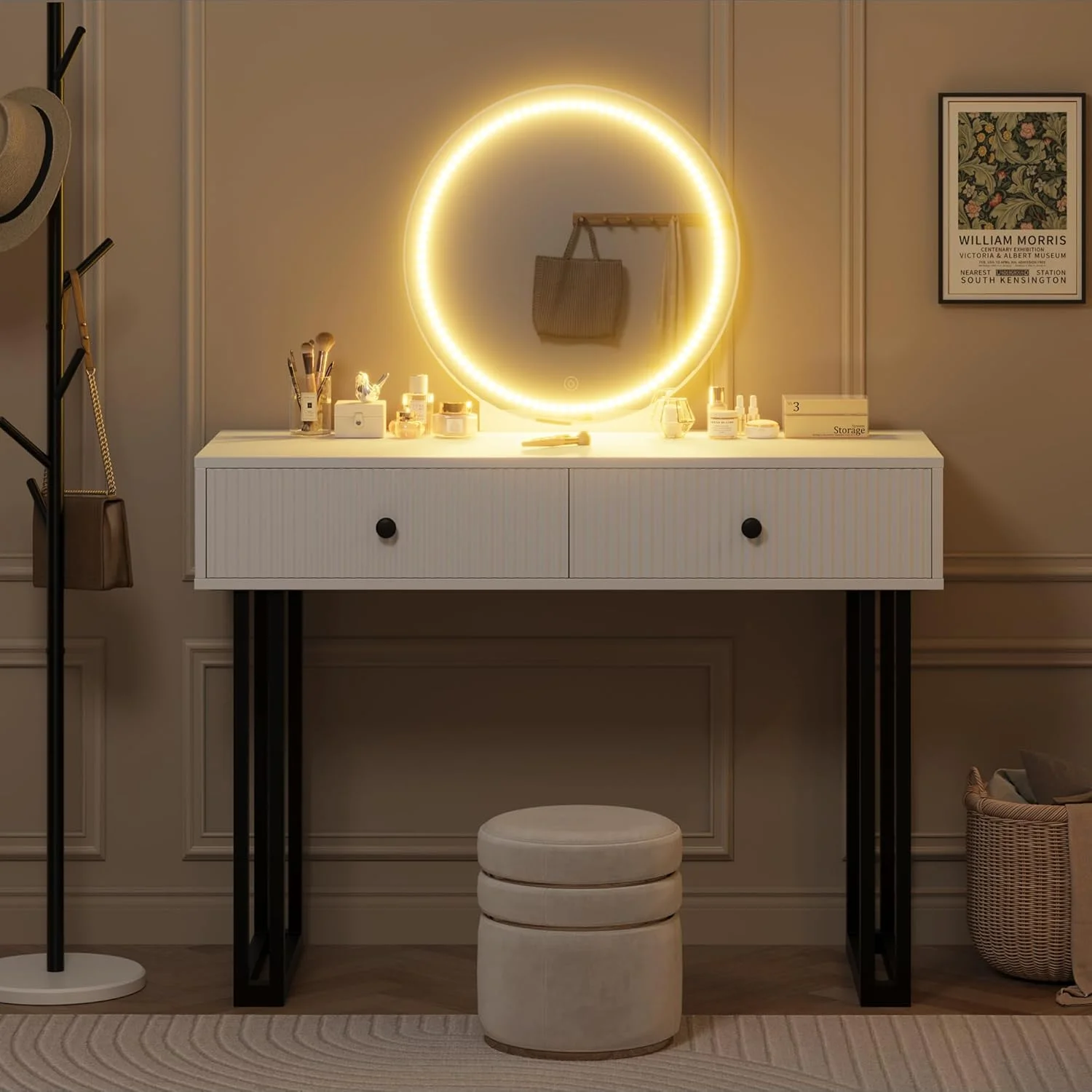 Vanity Desk with Mirror and Lights, Small Makeup Vanity with 2 Drawers, Modern Vanity Organizer with 3 Color Lights＆Adjustable Brightness, Dressing Table for Bedroom, White