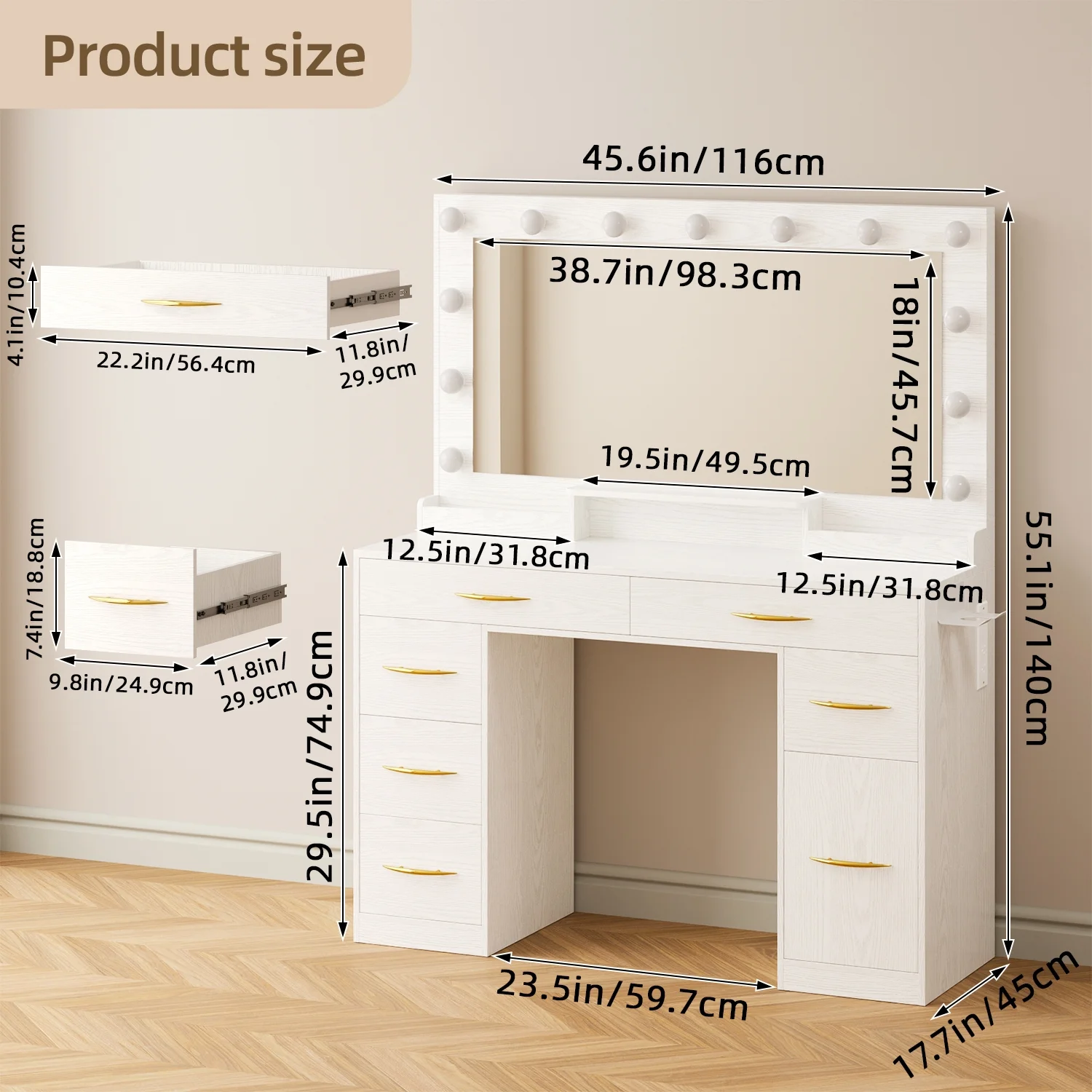 Tomnk woo White Makeup Vanity Desk with Large Mirror, Adjustable Lights, Storage Drawers & Power Outlets