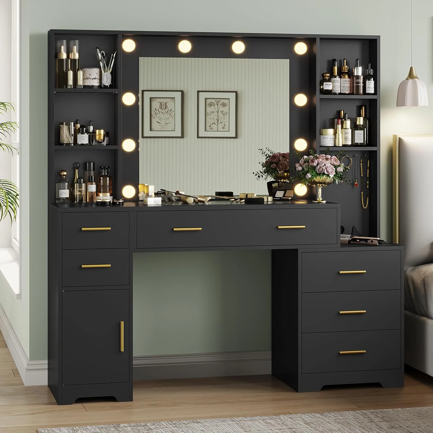 Aunfebrco White Vanity Desk Makeup Vanity Table with Mirror and Lights and Charging Station, Large Dressing Table with Storage Cabinet&6 Drawers&4 Storage Shelves for Bedroom