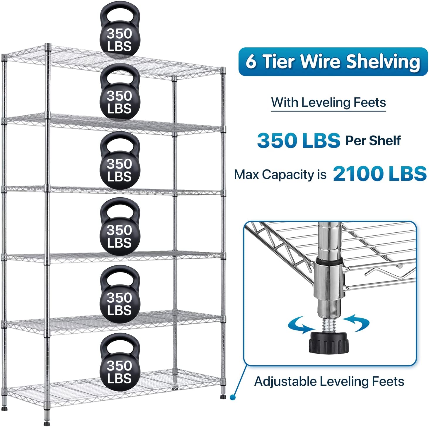6 Tier Wire Shelving Unit Metal Storage Shelves w/Wheels, 350 Capacity Per Shelf, Heavy Duty Steel Garage Shelf, 48