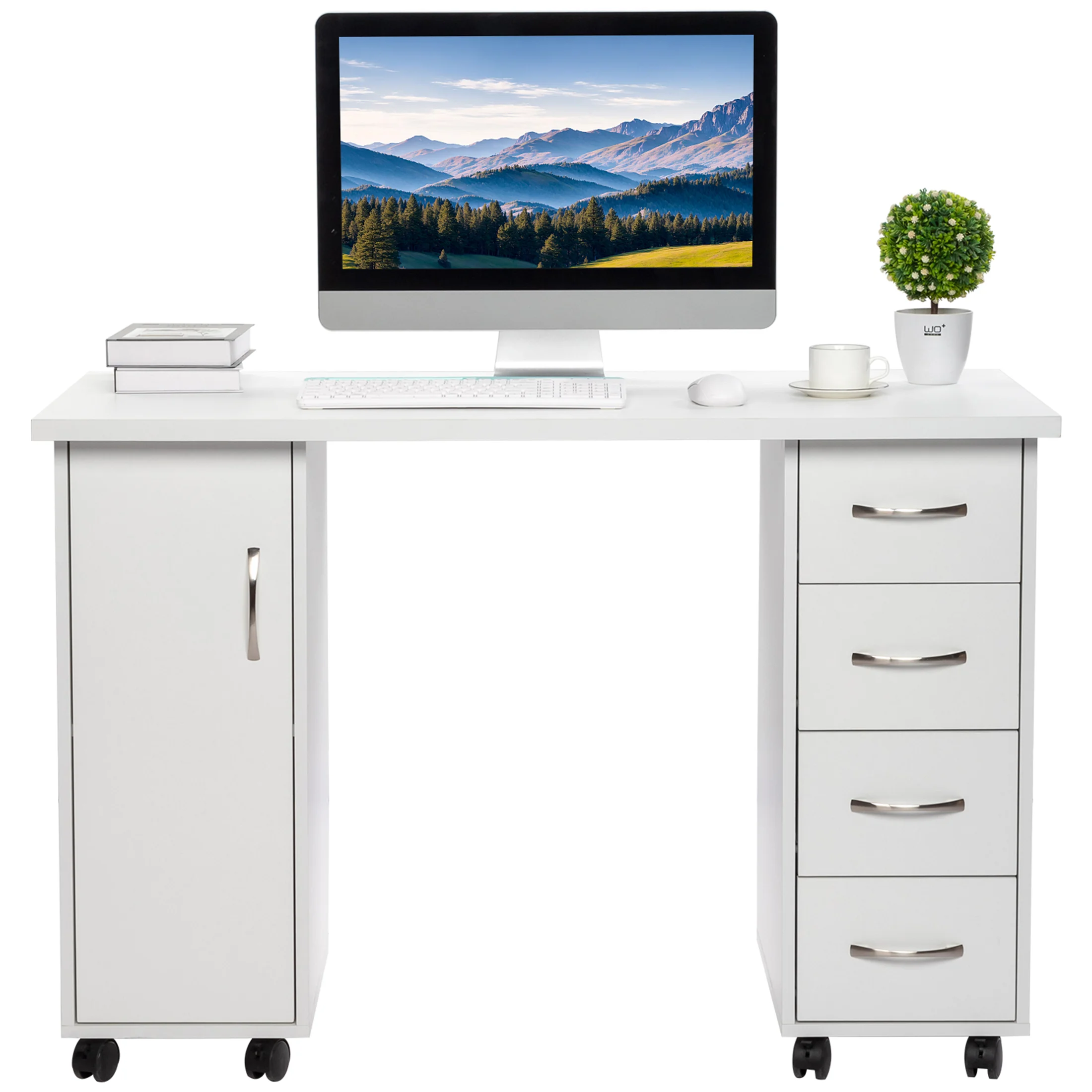 Sesslife White Computer Desk, Writing Desk with Lockable Wheels???Modern Wood Study Desk with 4 Drawers for Home Office Workstation