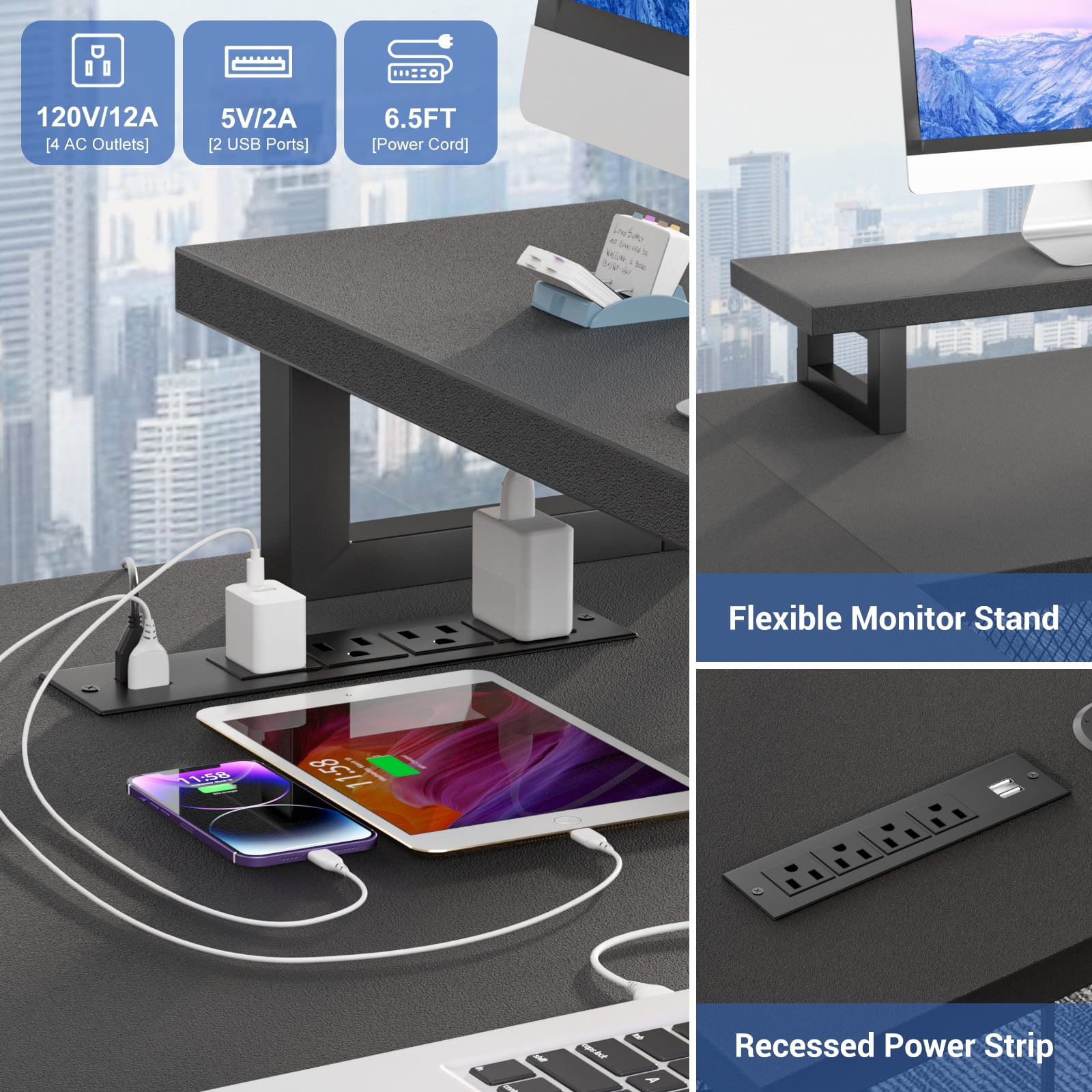 Homieasy U Shaped Desk with Power Outlet and LED Strips, 129.9'' Ergonomic L-Shaped Gaming Desk with Monitor Stand, Reversible Corner Computer Desk with Storage Shelf for Home Office, White Oak