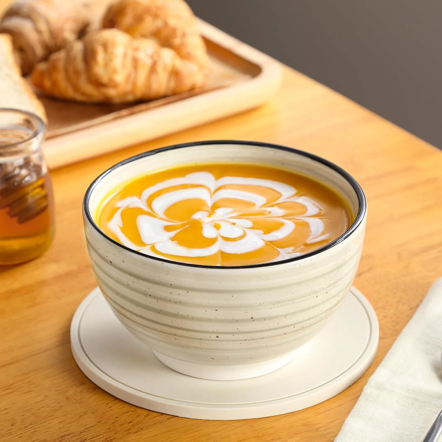 Dinnerware Sets 12 Pieces Bonbon Beige Dinner Set, Plates and Bowls Sets with Dinner Plates Bowls Handpainted Spirals Pattern Dish Sets, Service for 4