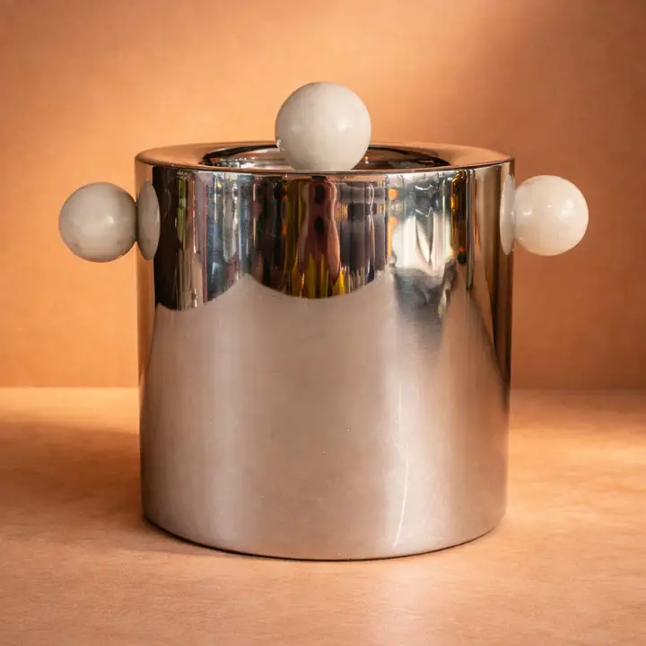 Modernist Polished Stainless Steel Ice Bucket with Natural White Marble Sphere Handles