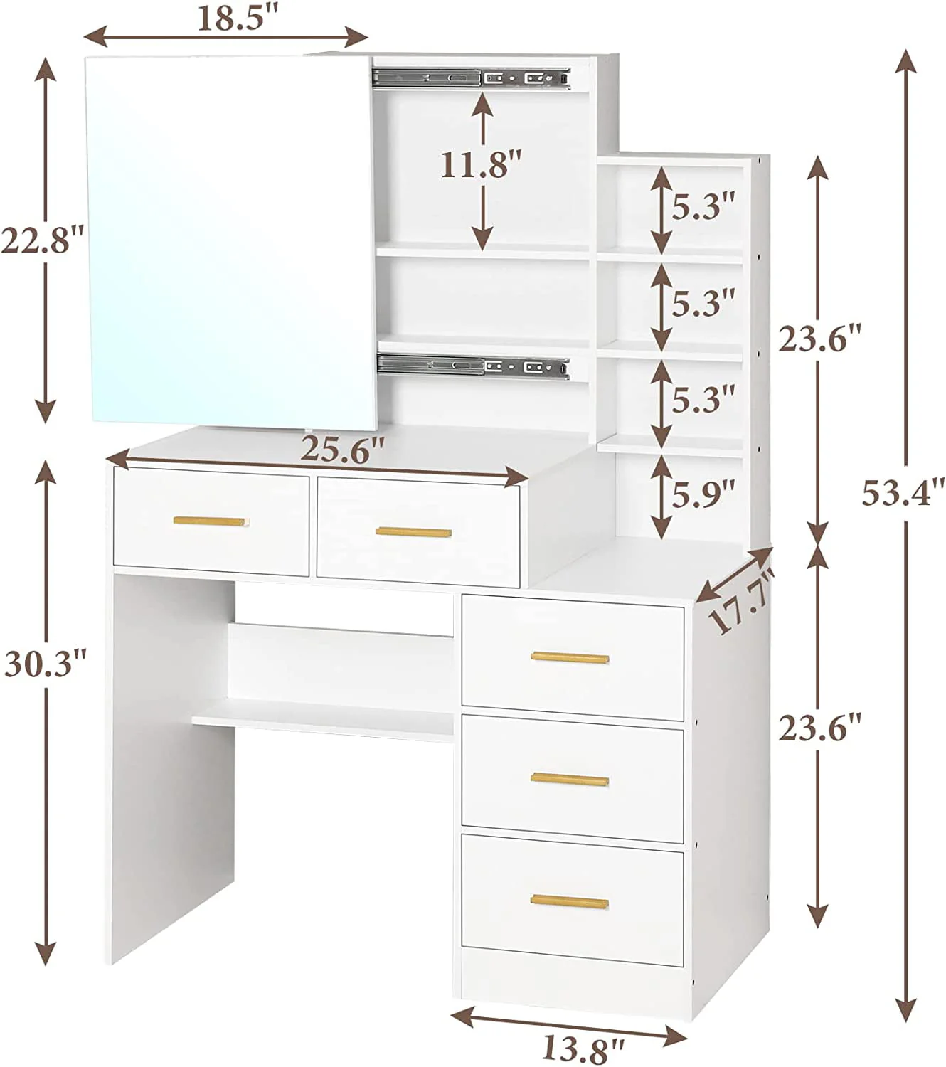 Tiptiper Makeup Vanity Table with Mirror, Storage Cabinet, Dressing Desk 5 Drawers and Shelves, White
