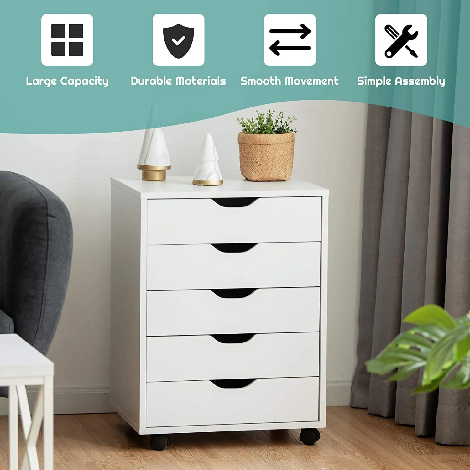 DWVO Wood File Cabinet Rolling Cart 5 Drawer Home Office Storage Organizer White