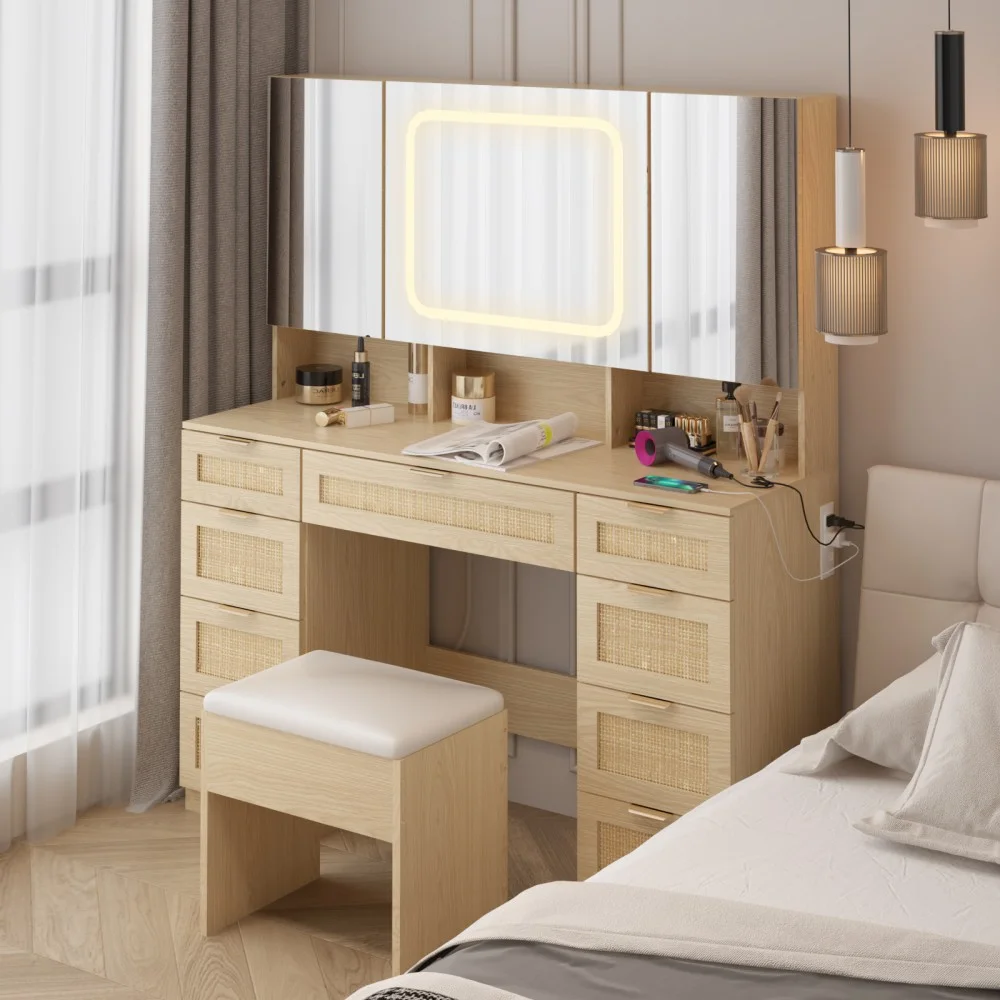 IVV Vanity Desk Set with Large LED Lighted Mirror & Power Outlet, Makeup Dressing Table with 9 Drawers and 3 Cabinets in Mirrored Doors, 47