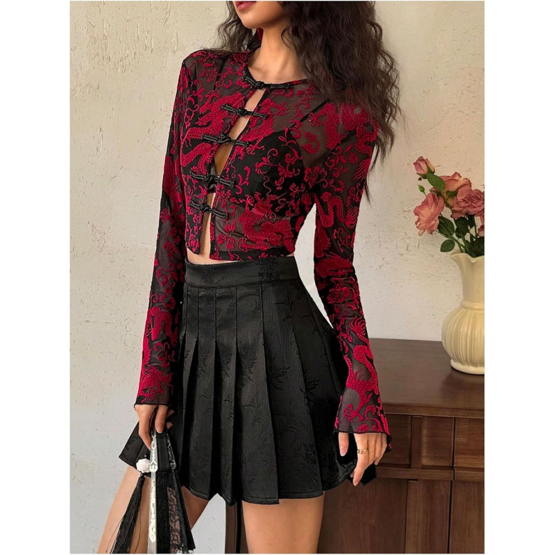 Women's Mesh Sheer Cheongsam Top Dragon Print