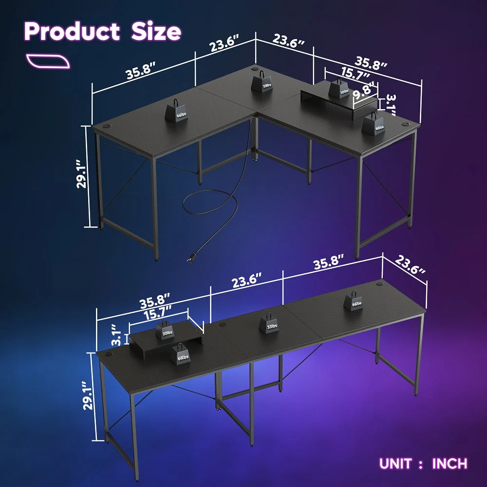 Bestier 95.2 inch L Shaped Gaming Desk with Power Outlet Reversible Corner Office Desk