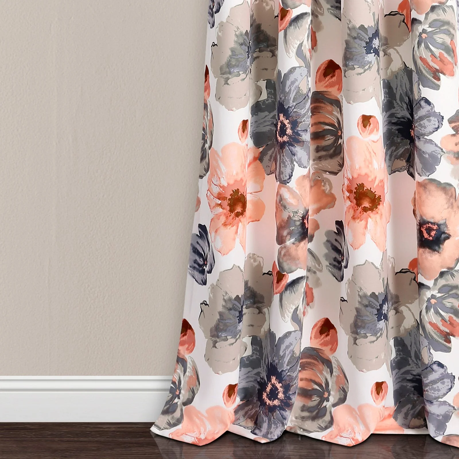Lush Decor Leah Classic Floral Print Room Darkening Metal Grommets Window Curtain Panel, Coral/Gray, 84
