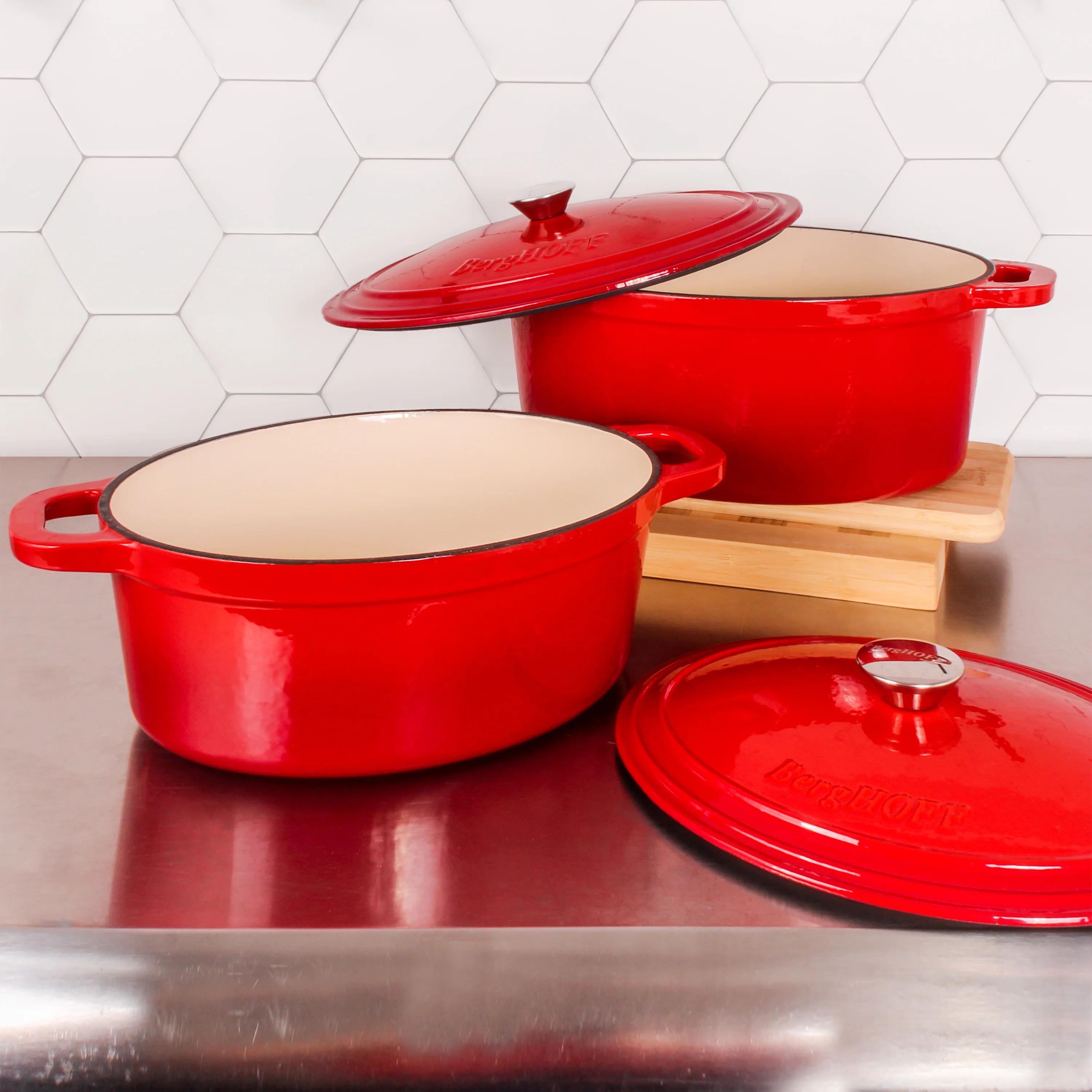 BergHOFF Neo 4Pc Cast Iron Set: 5qt. & 7qt. Covered Dutch Ovens, Green