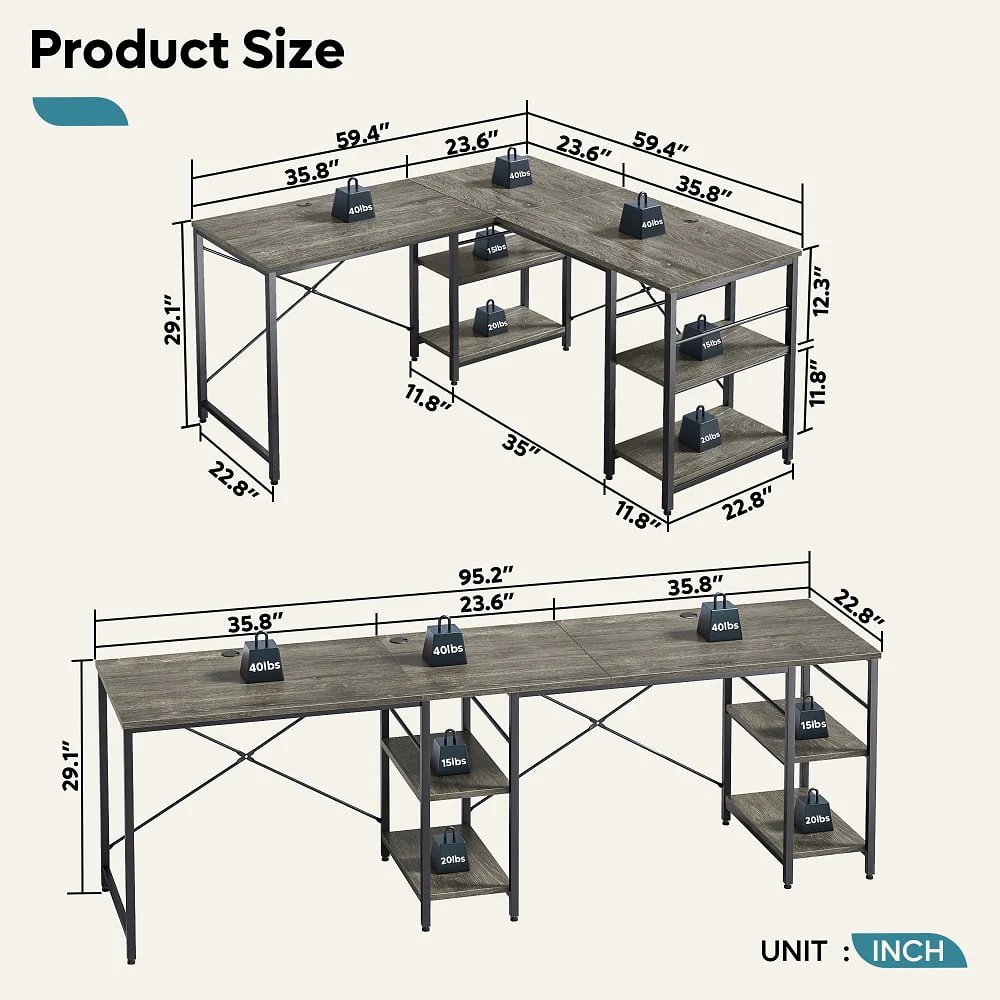 Bestier 95.5 inches L-Shaped Corner Computer Desk with Shelves Long Table in Grey