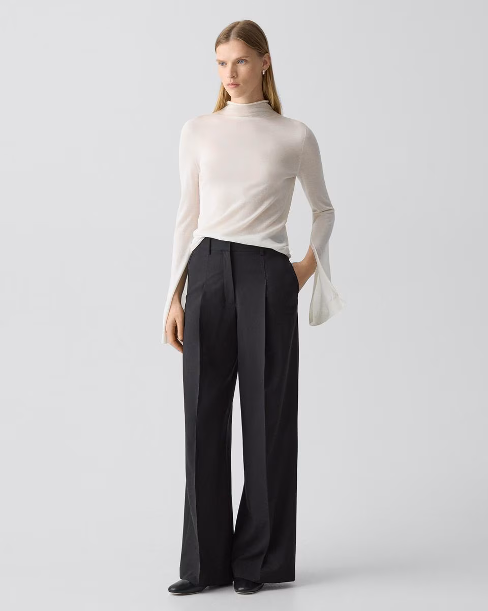 Pleated Wide-Leg Pant, 33'' in Good Wool