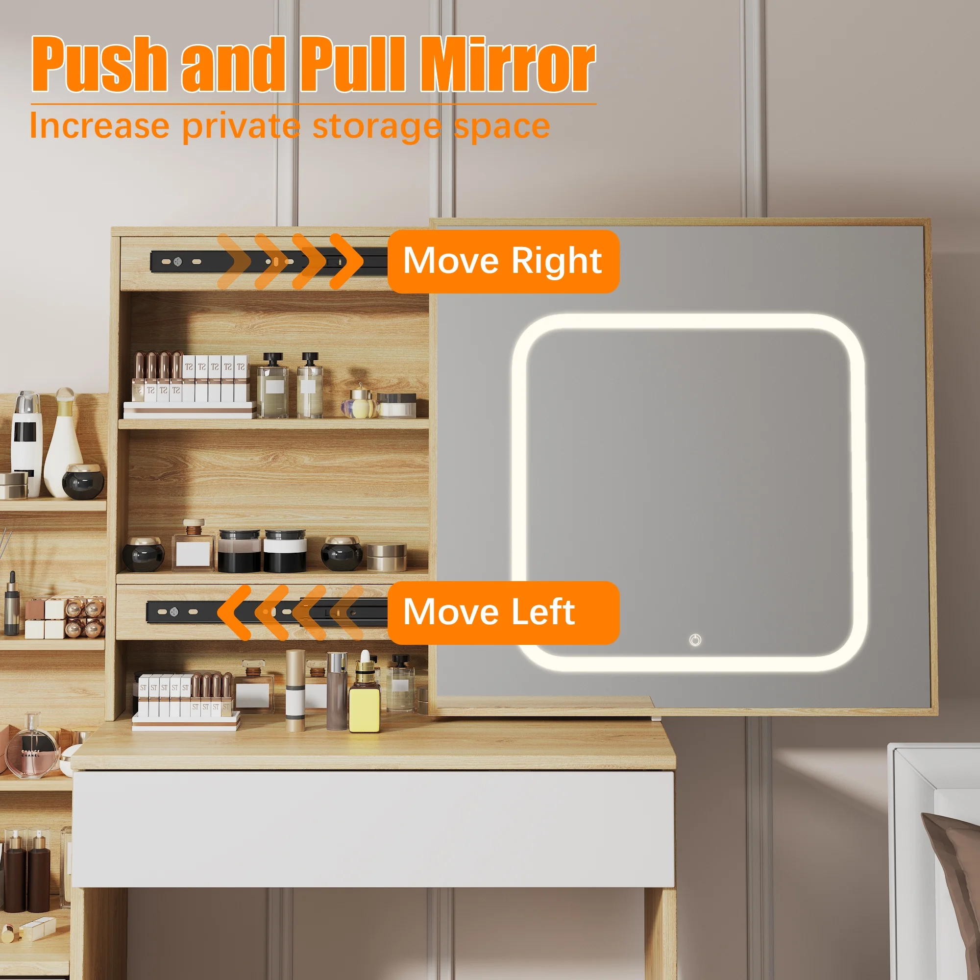 Vanity Desk with Sliding Mirror and Lights, Makeup Vanity Set with 4 Drawers, Stool, Power Outlet, Open Shelves, 3 Color Adjustable Lighting Modes, Makeup Dressing Table for Bedroom, White
