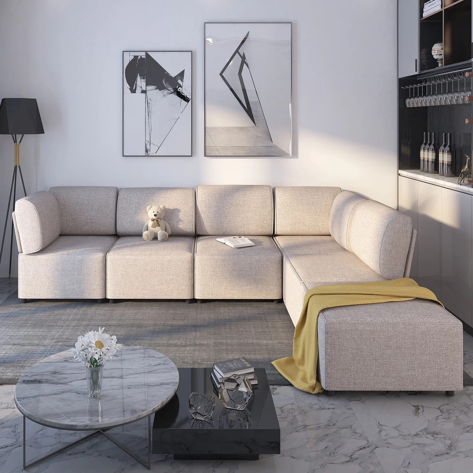 ZAFLY U Shaped Modular Sectional Sofa Couch, Convertible L Shaped Couch Sofa, Queen Sleeper Sofa Bed, Variable Modular Oversized Couch for Living Room (Beige)