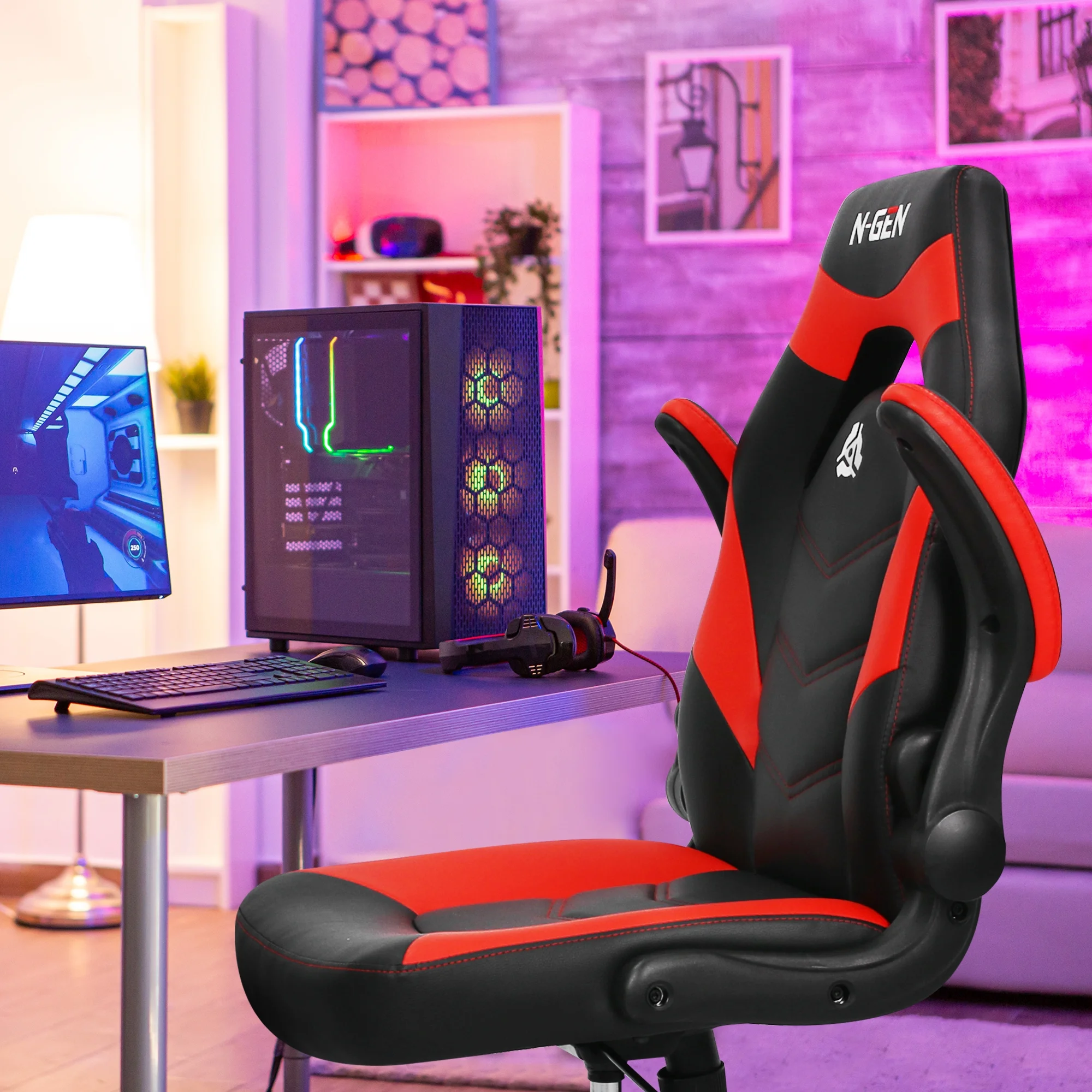 N-GEN Red Gaming Chair, Flip-up Armrest Computer Chair Ergonomic Office Chair PU Leather Desk Chair Executive Adjustable Swivel Task Chair