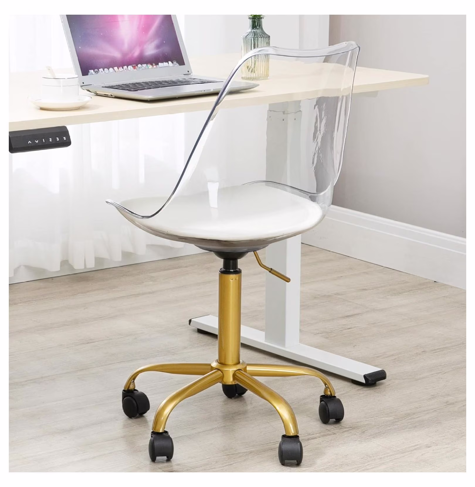 saney Clear Rolling Chair, Armless Desk Chair with Golden Feet Swivel Molded Plastic Shell Adjustable Home Office Chair with Wheels, Clear