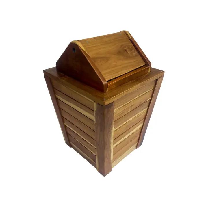 Teak Wood Trash Can with Swing Top Lid
