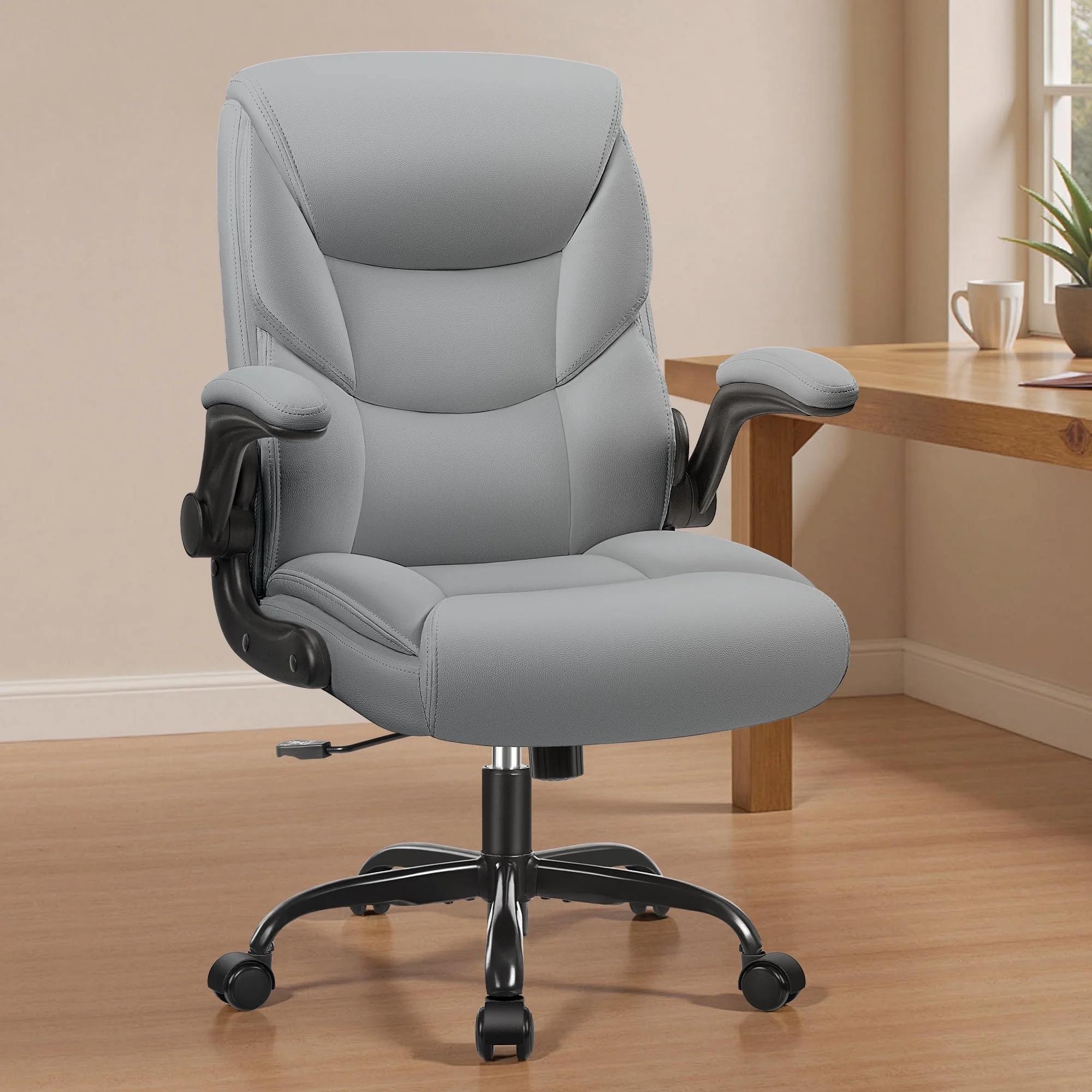 Primy Compact PU Leather Office Chair - Ergonomic Adjustable Height Computer Desk Chair with Flip-Up Armrests, Mid-Back Executive Swivel Chair on Wheels for Small Spaces & Petite Users, Black