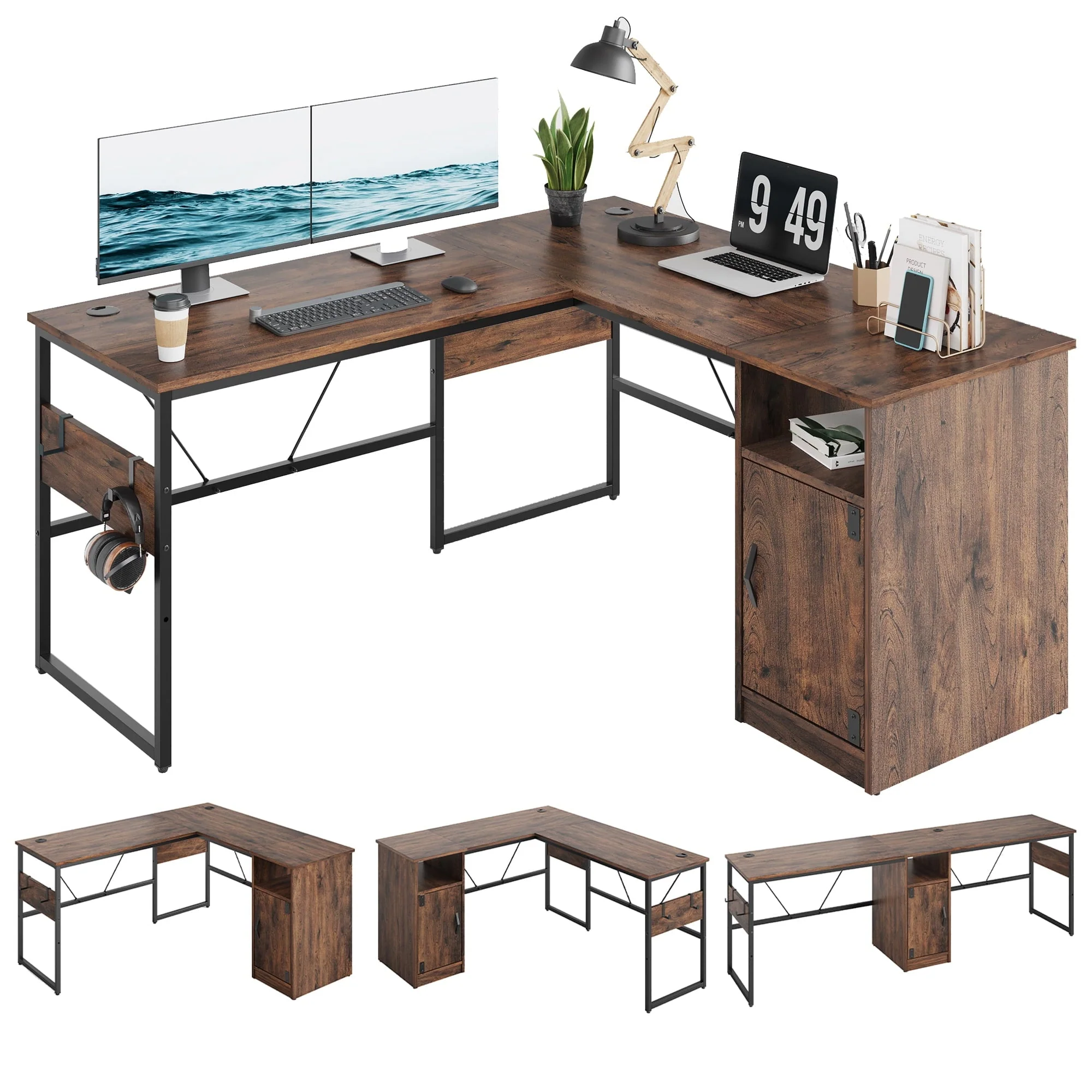 Bestier Reversible 60 inches L Shaped Computer Desk with Storage Cabinet Long Desk for 2 Person Cherry