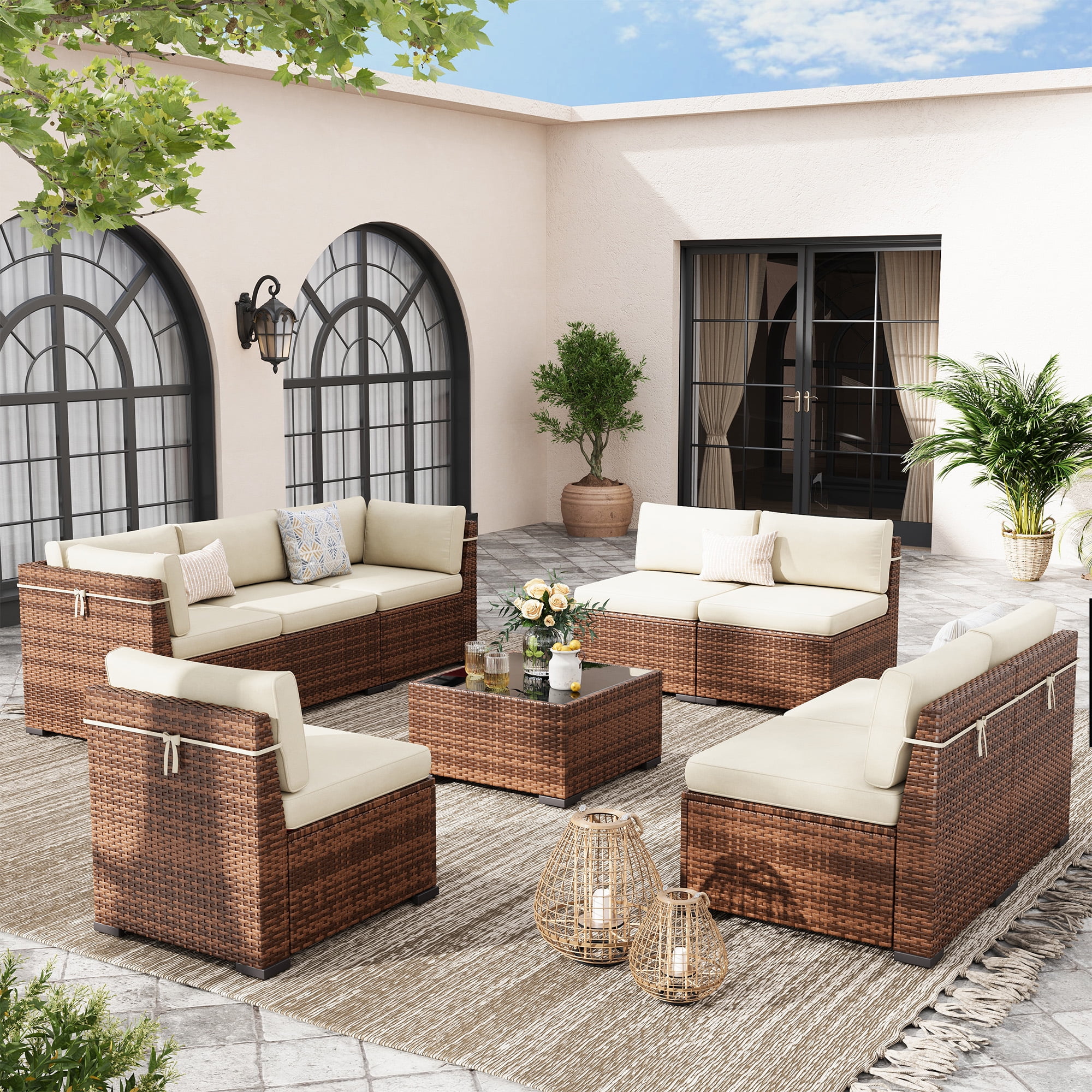 Poteban 7 Pieces Outdoor Sectional Sofa Set , PE Wicker Rattan Slanted Back Outdoor Conversation with Cushions and Glass Coffee Table for Backyard Garden, Dark Gray