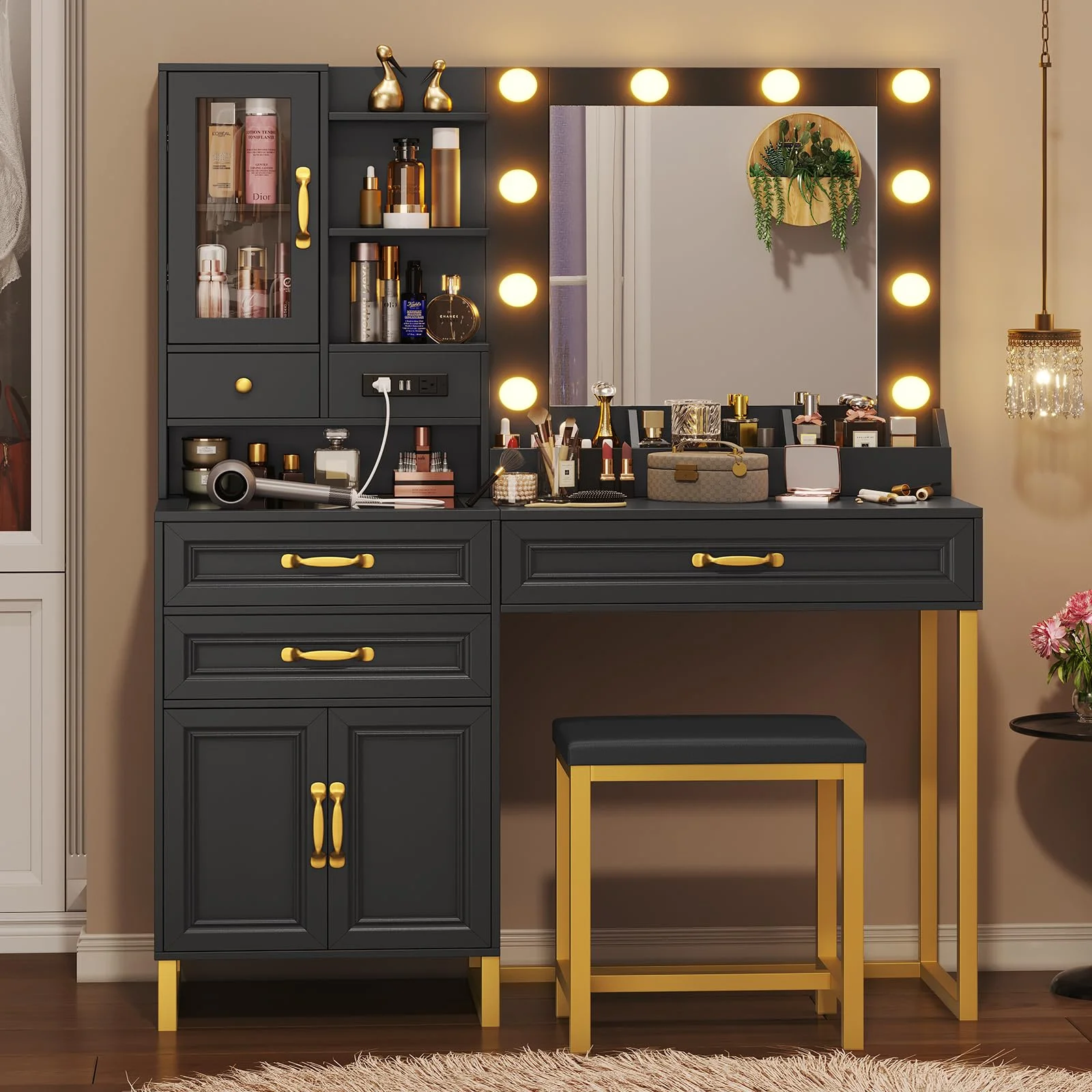 AMUZER Modern Vanity Desk Set with Mirror and Lights & Stool, Makeup Vanity Table with Charging Station, 4 Stoarge Drawers & Double-Door Cabinet, White