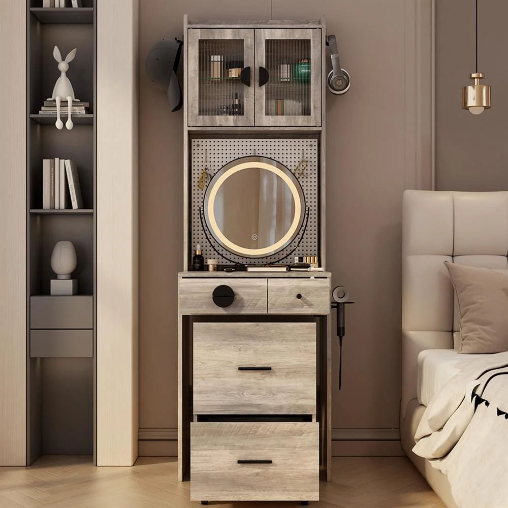 EDOEMSE Table & Chair Vanity Set, Vanity Set,Small Vanity Desk with Mirror and LED Lights, Makeup Table with Charging Station and drawers,Gray