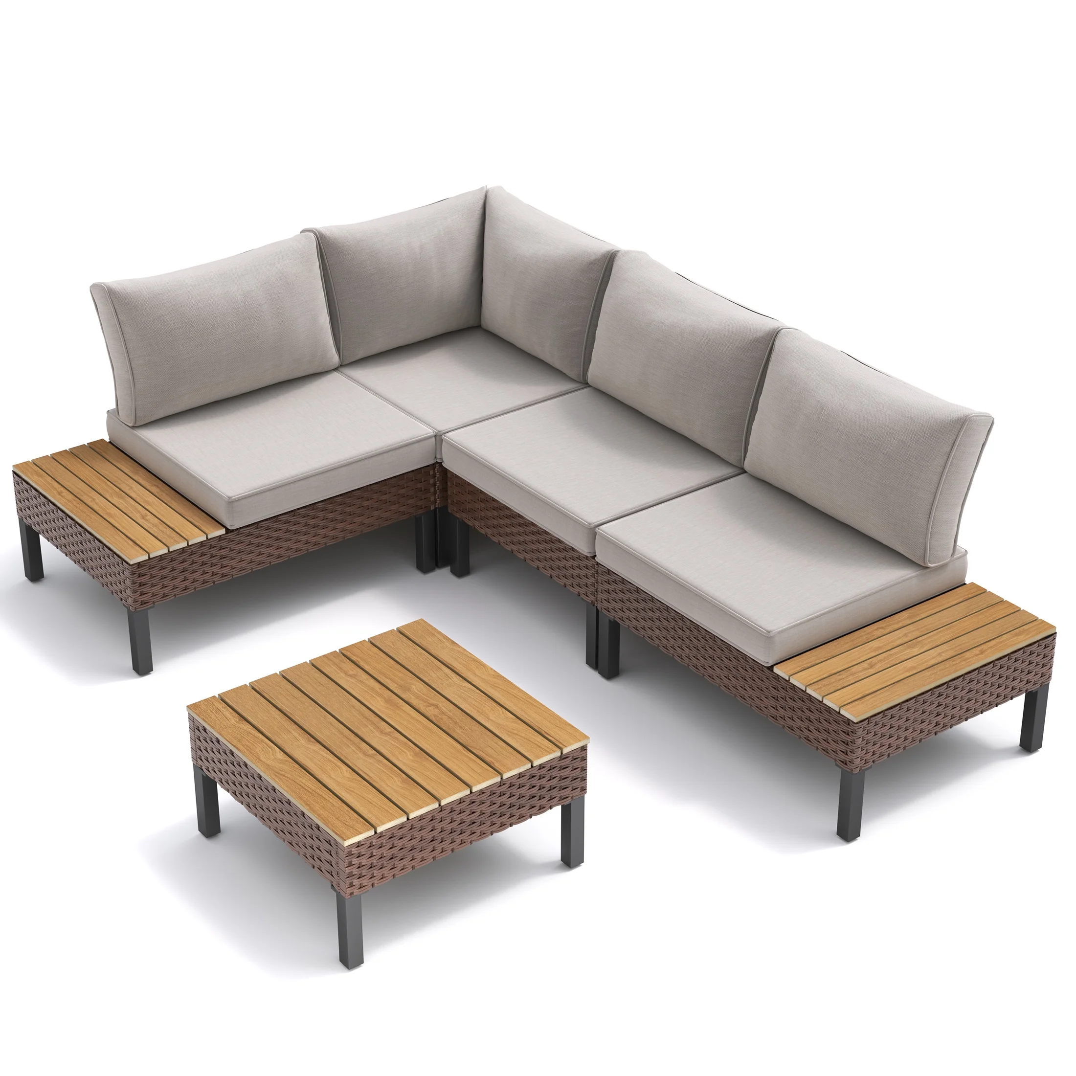 Poteban 5-piece Rattan Outdoor Patio Sofa Set,L-Shaped Sectional Sofa Couch with Coffee Table for Backyard,Lawn,Garden,Navy Blue