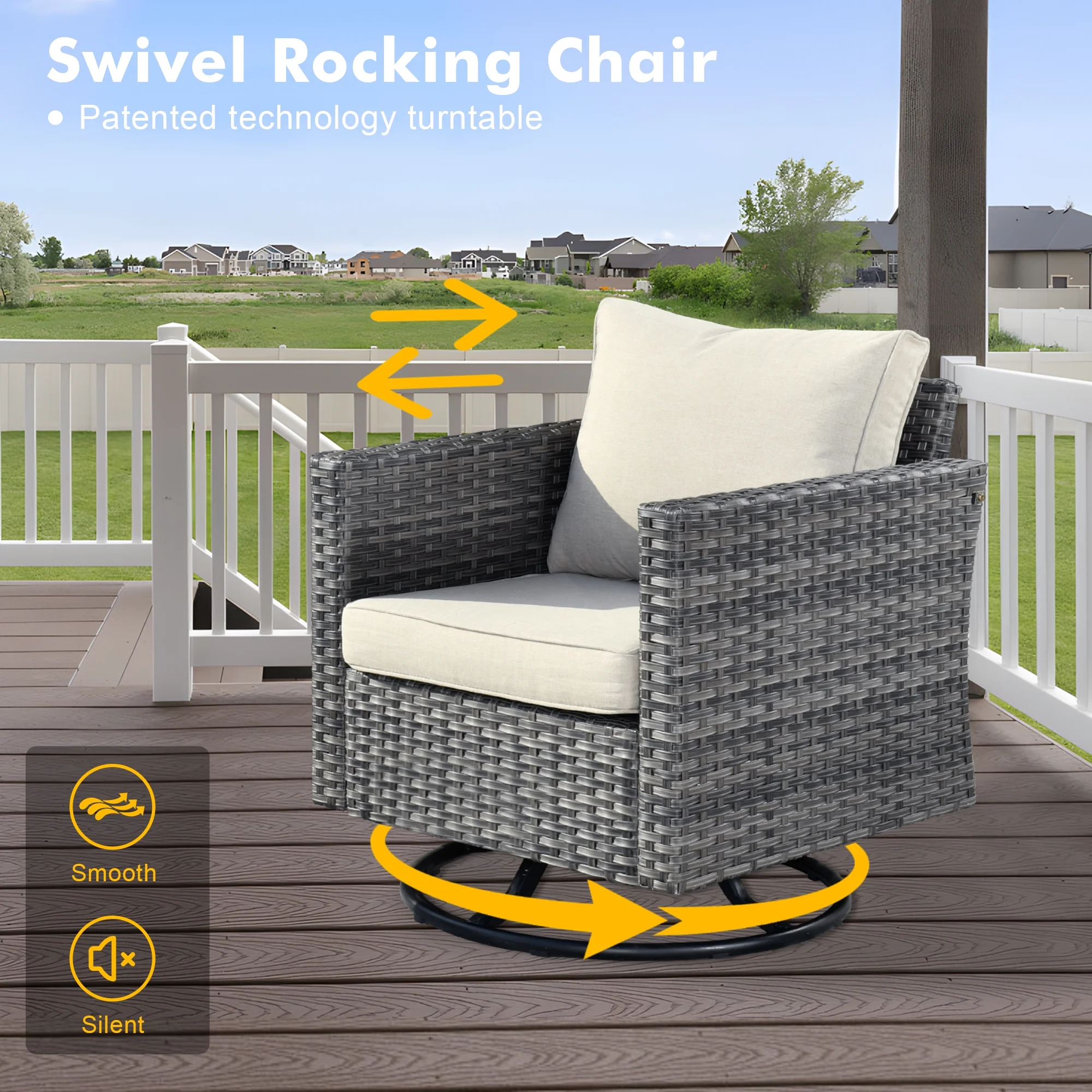 Ovios 6 Pieces Outdoor Patio Furniture Set with Gas Propane Fire Pit Table Wicker Outdoor Conversation Set with Swivel Rocking Chair for Backyard, Cushion Beige
