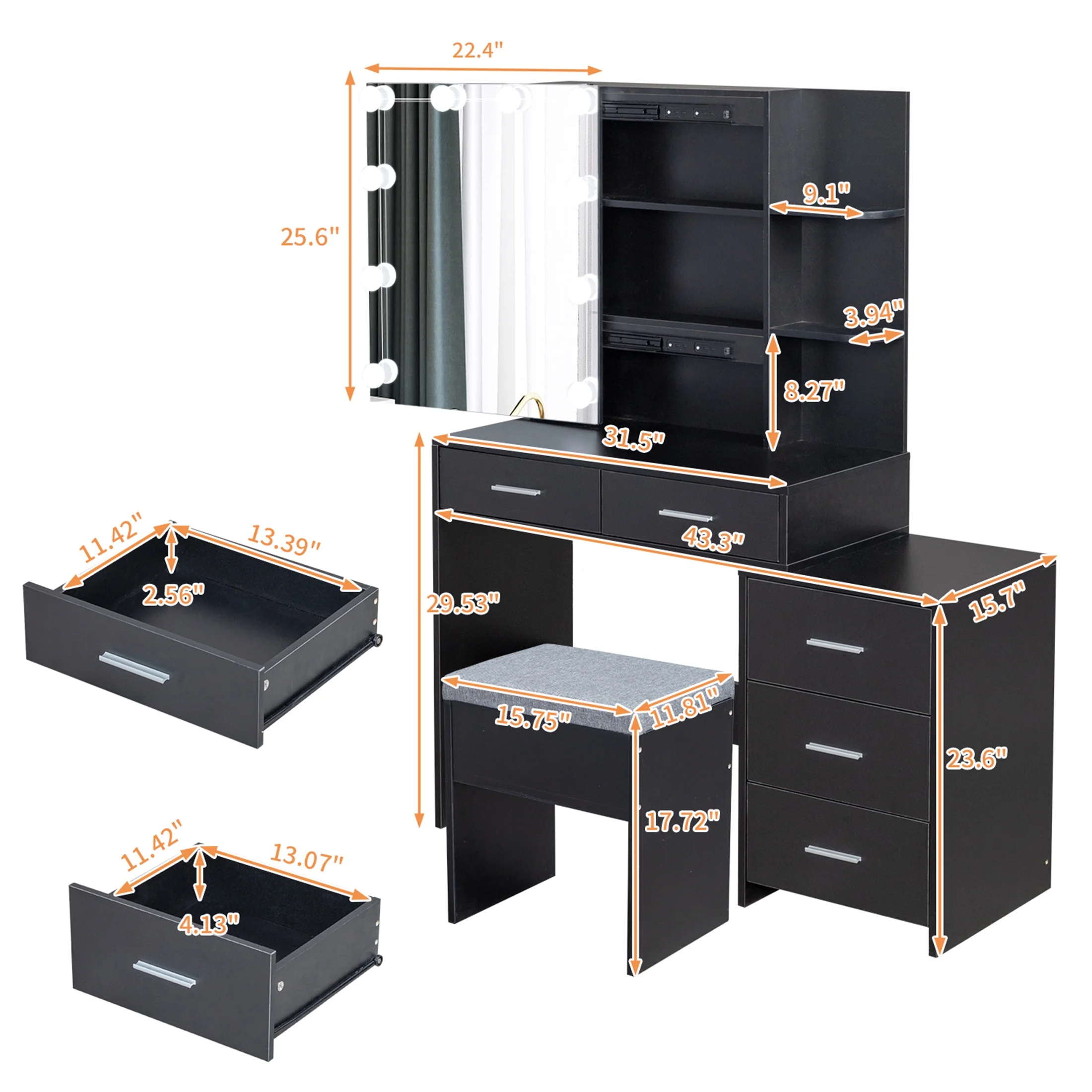 Vanity Set with Stool, Black Vanity Desk with Mirror, 5 Drawers and 2-Layer Shelves, LED Three-Tone Lighting, Particle Board With Triamine Coating, Solid Wood Legs With Copper Sheath Decoration