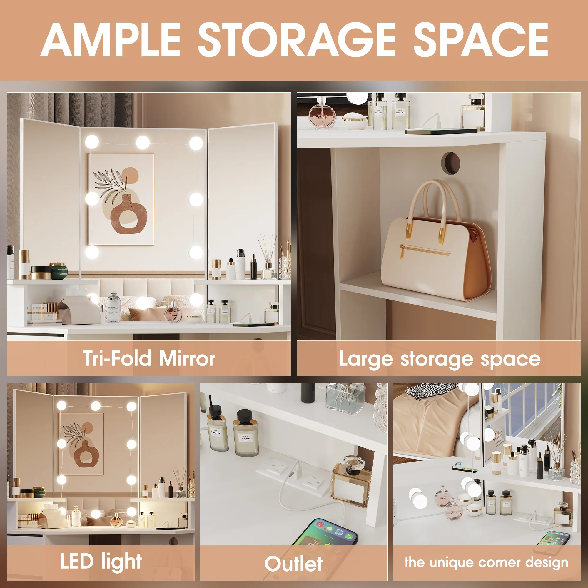 Veanerwood White Corner Vanity Desk with Mirror and Light,Makeup Table with 4 Drawers and Charging Station for Bedroom