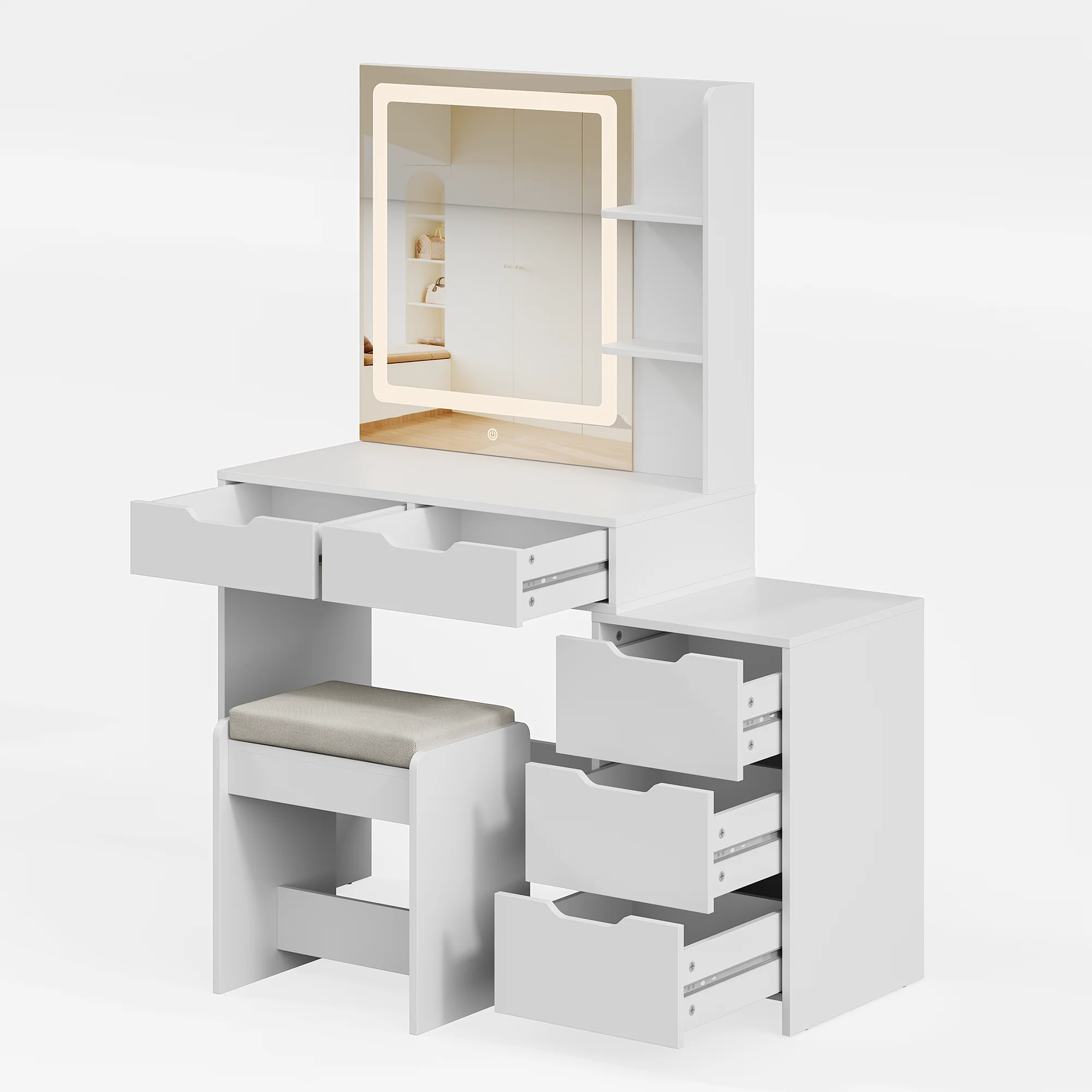 Asofer Vanity Desk with Mirror and Adjustable Light, White Makeup Vanity Set with 5 Drawers for Bedroom, Dressing Room